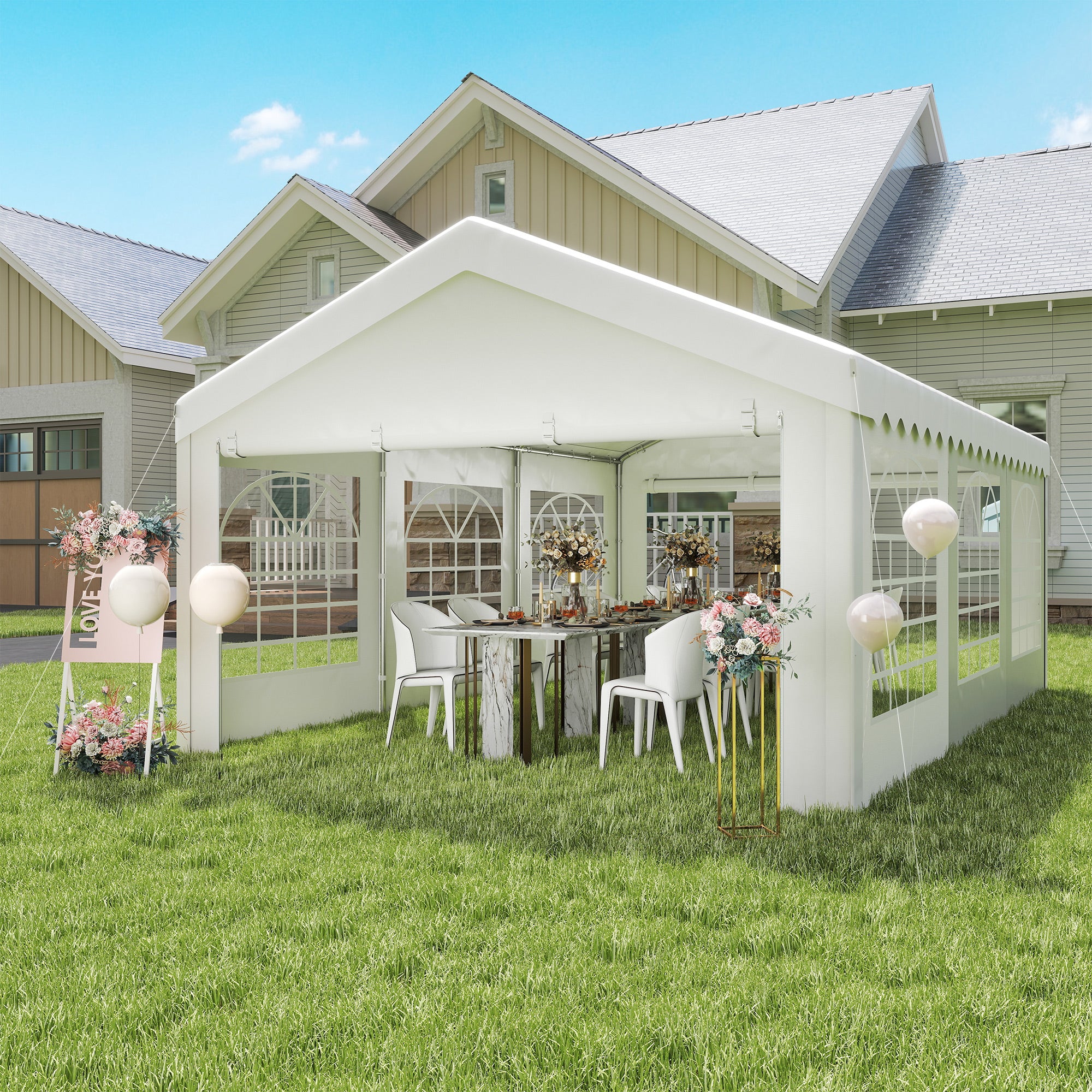 Outsunny 6x4m Party Tent with Removable Walls, Doors and 6 Windows, White