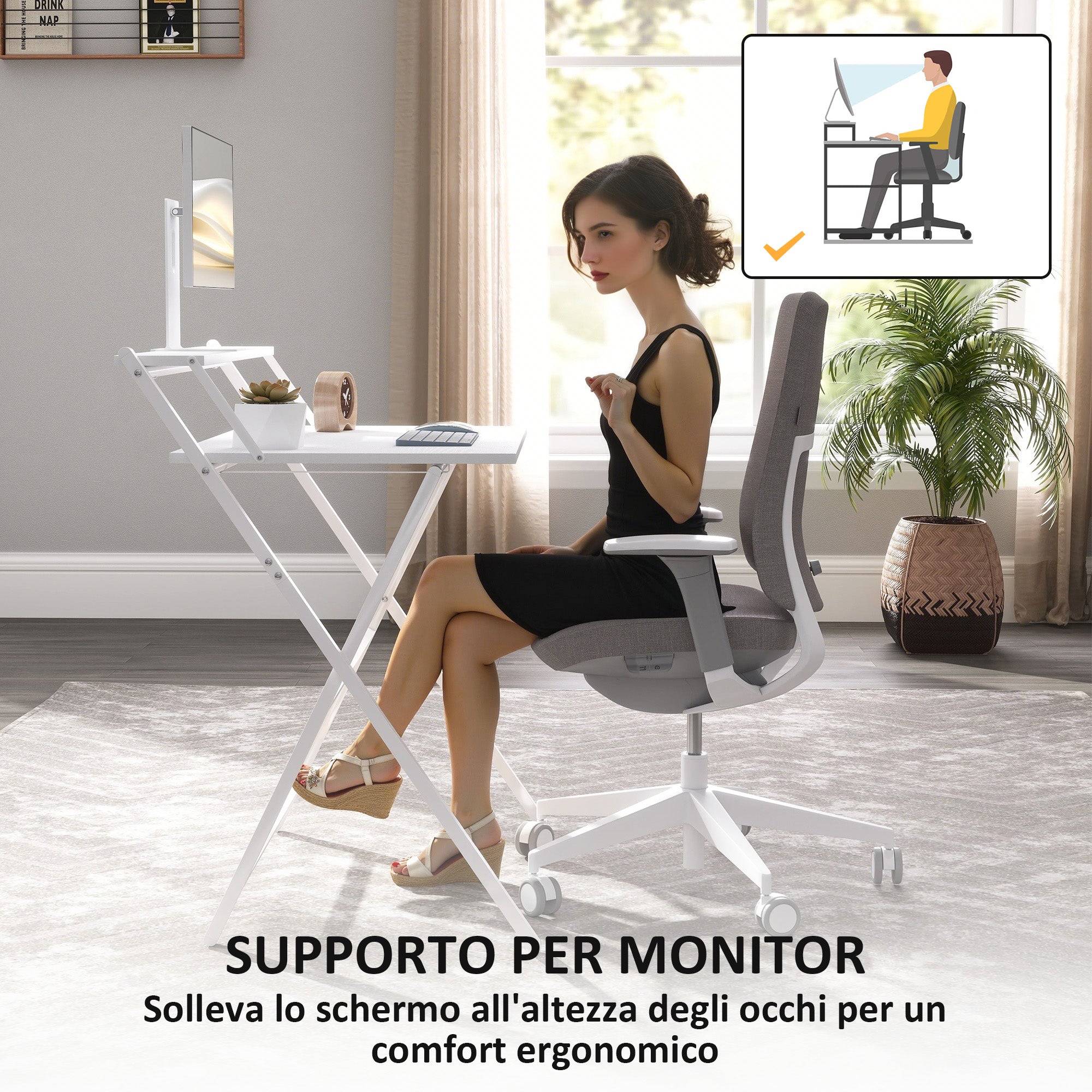 Folding Desk with Monitor Shelf, 81.5x62x86.5 cm, White