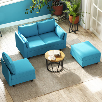 Modern 3 Seater Modular Sectional Sofa with Footrest and Cushions, Flannel Upholstery, Blue