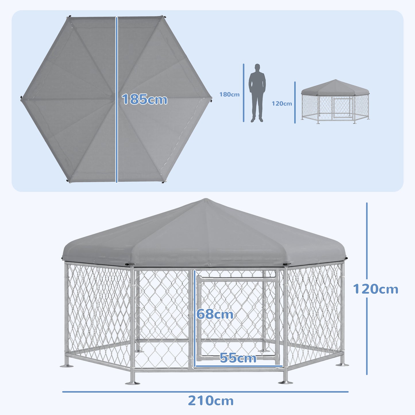 PawHut Kennel for Medium Size Dogs with UV-Proof Oxford Fabric Roof, 2.1x1.85x1.2m, Silver and Gray - Borgè