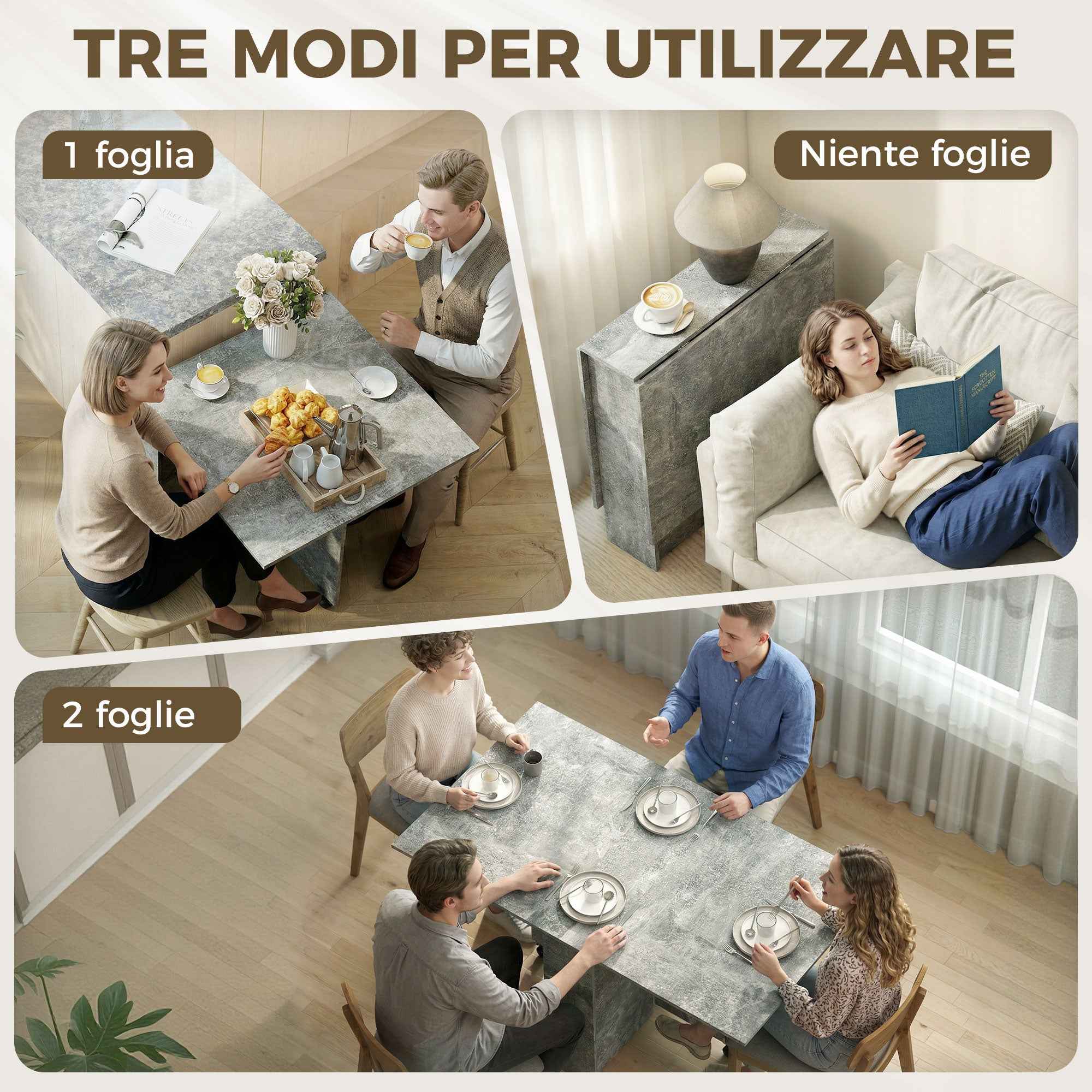 HOMCOM Folding Dining Table with Shelves, Drop-Leaf Top and Wheels, Cement Grey