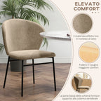 Set of 2 Dining Chairs in Steel and Linen-Effect Fabric, Padded Seat, Curved Backrest, Light Brown