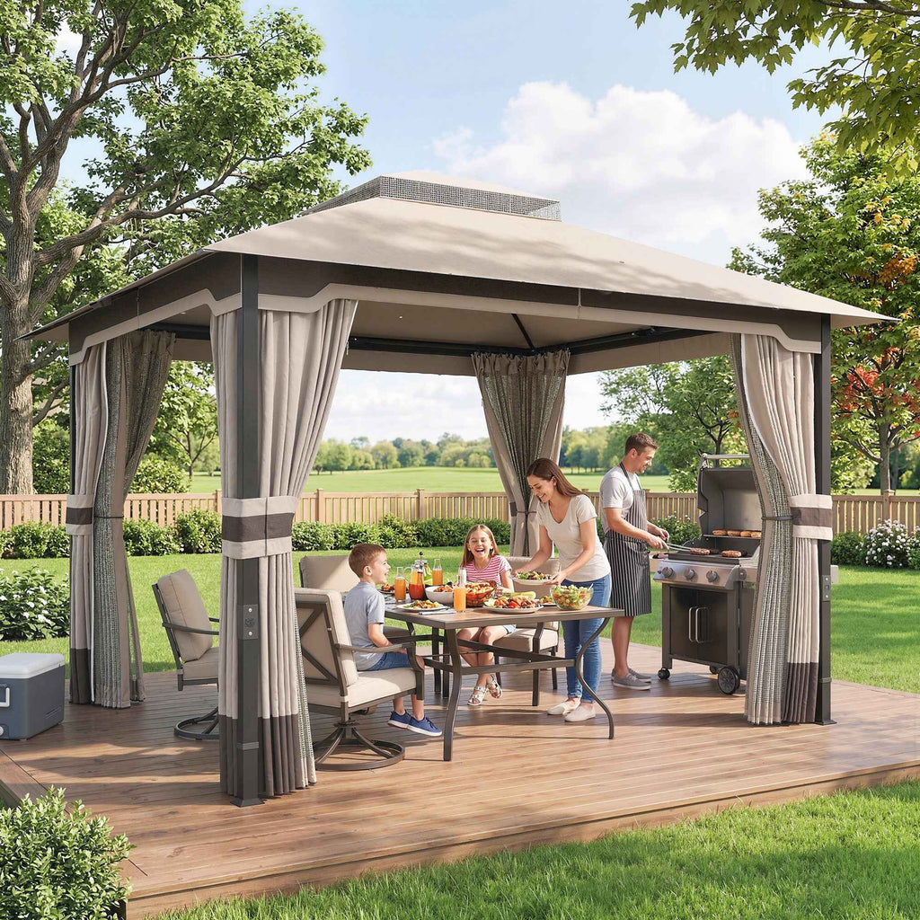 Outsunny Gazebo 3x3.6m with Mosquito Net, Curtains, Double-Layer Roof, Khaki