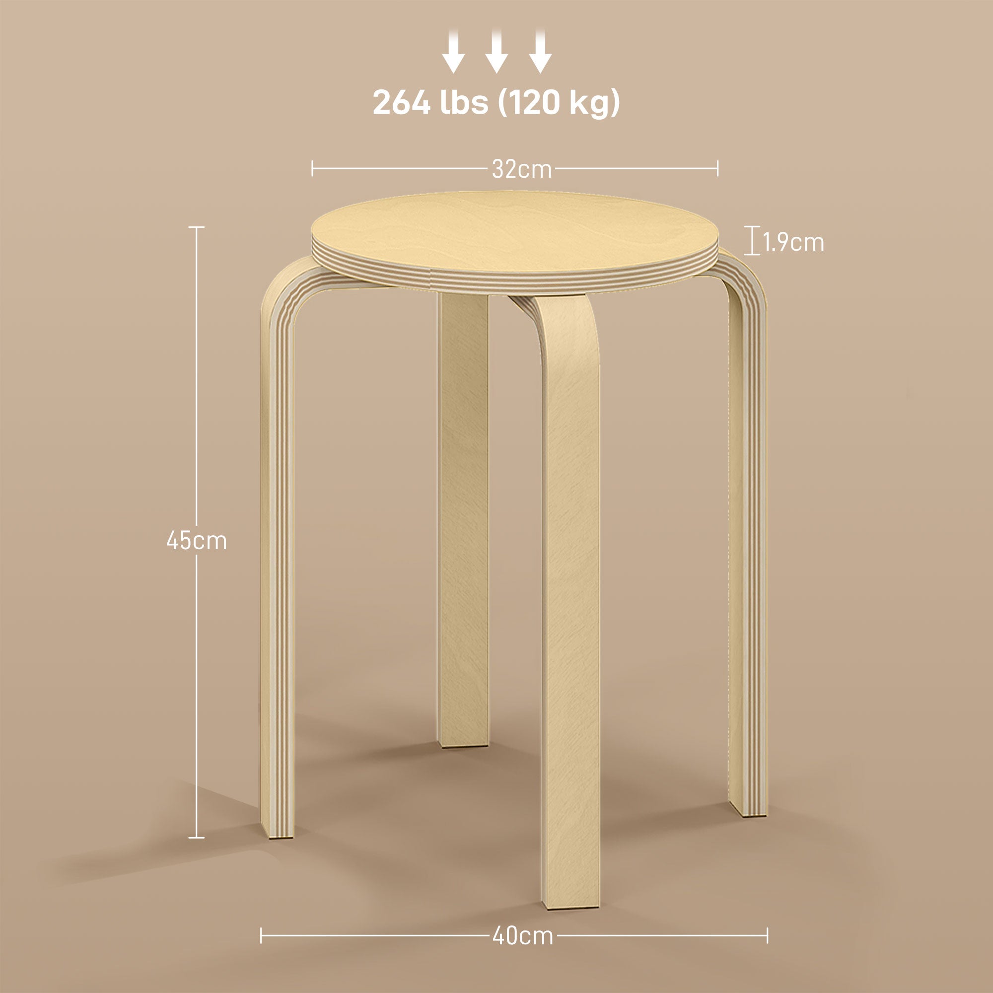Set of 4 Round Modern Stackable Kitchen and Bar Stools in Wood, Ø40x54cm, Wood Color