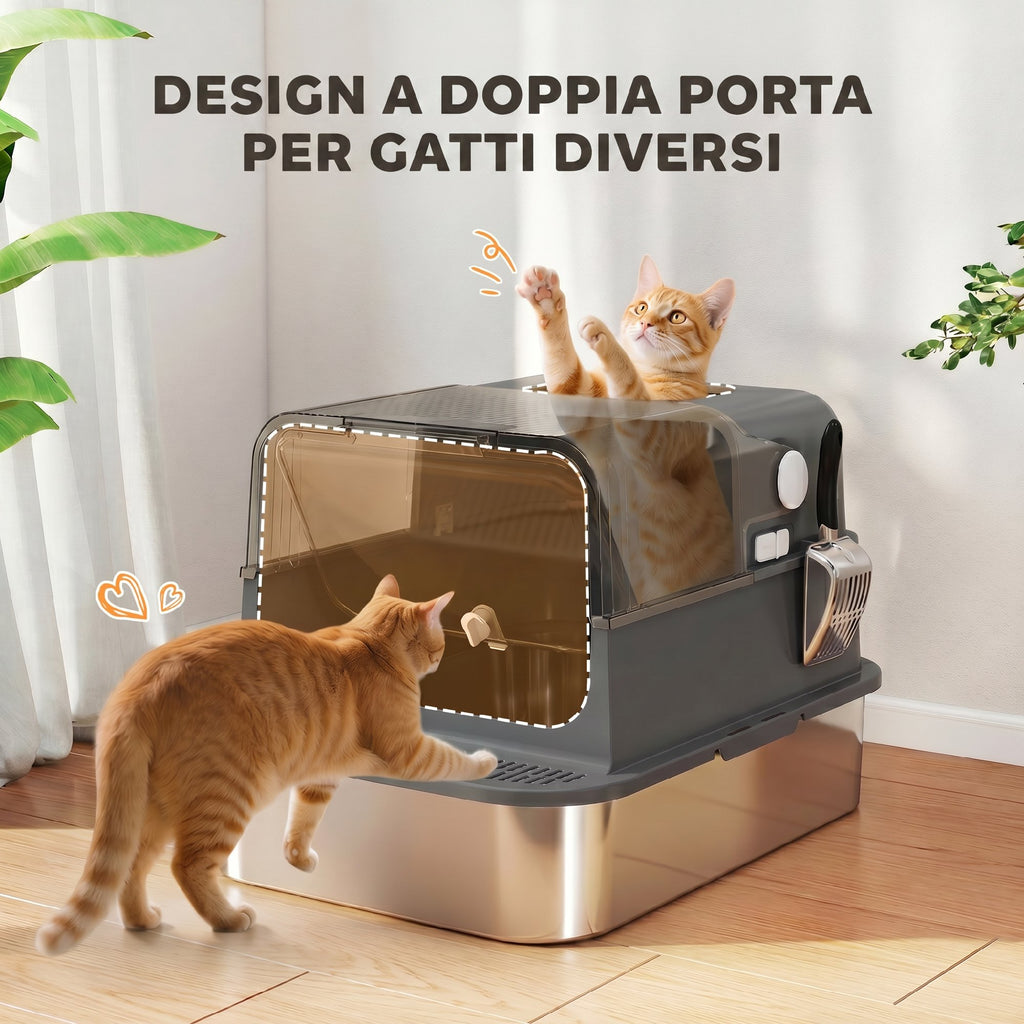 PawHut 52L Stainless Steel Enclosed Cat Litter Box with Flip Lid, Double Door, Scoop, Black