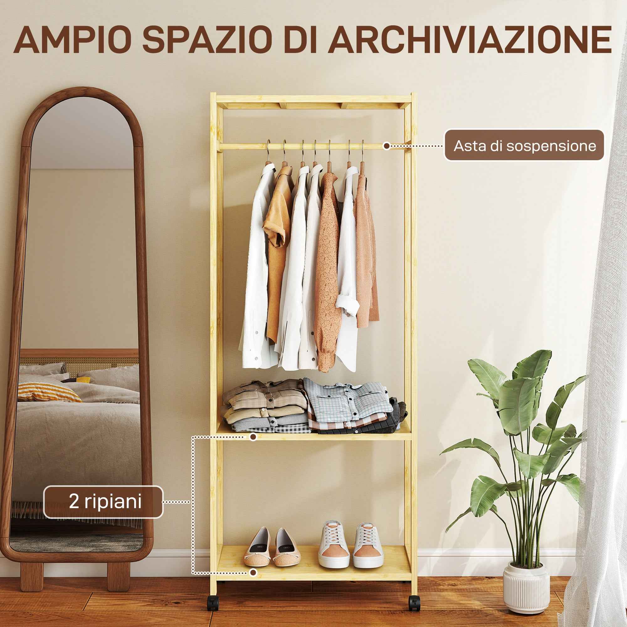 HOMCOM Freestanding Coat Rack with Rail, Shelves and 4 Bamboo Wheels, 70x35x175 cm, Natural Wood