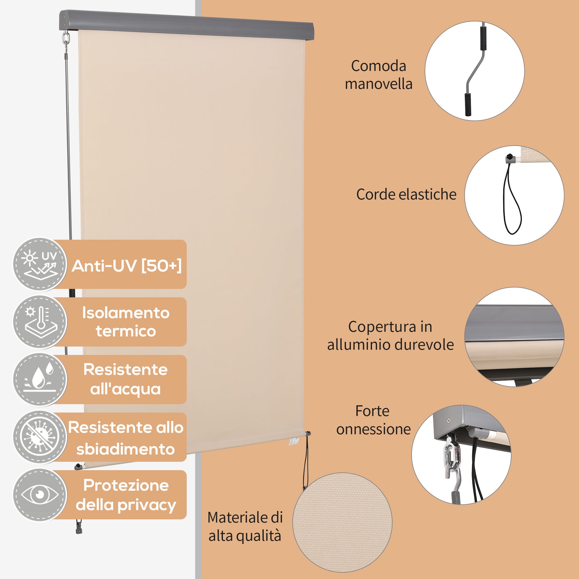 Roller Shade Awning with Crank Handle, Wall or Ceiling Mounted, 120x200cm, Beige