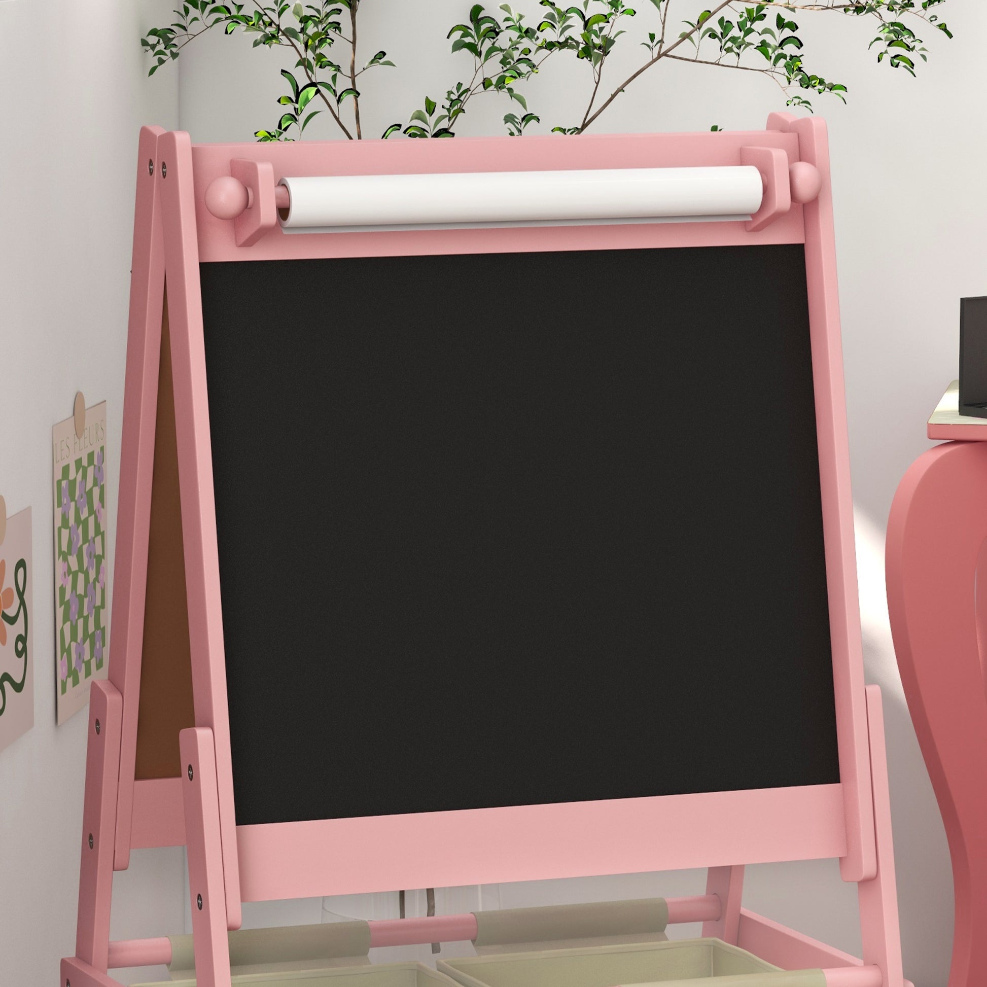 AIYAPLAY Children's Blackboard with Easel 3 in 1 and 2 Containers, Age 3-8 years, 54x46.5x93cm, Pink - Borgè