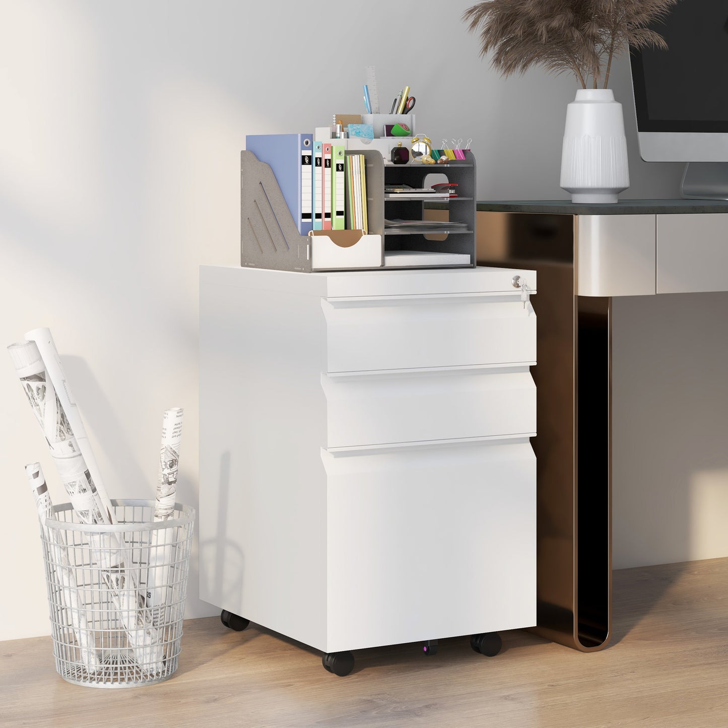 3 -drawer office cabinet with adjustable bar and tray, in steel, 37x43.5x60 cm, white, white - Borgè