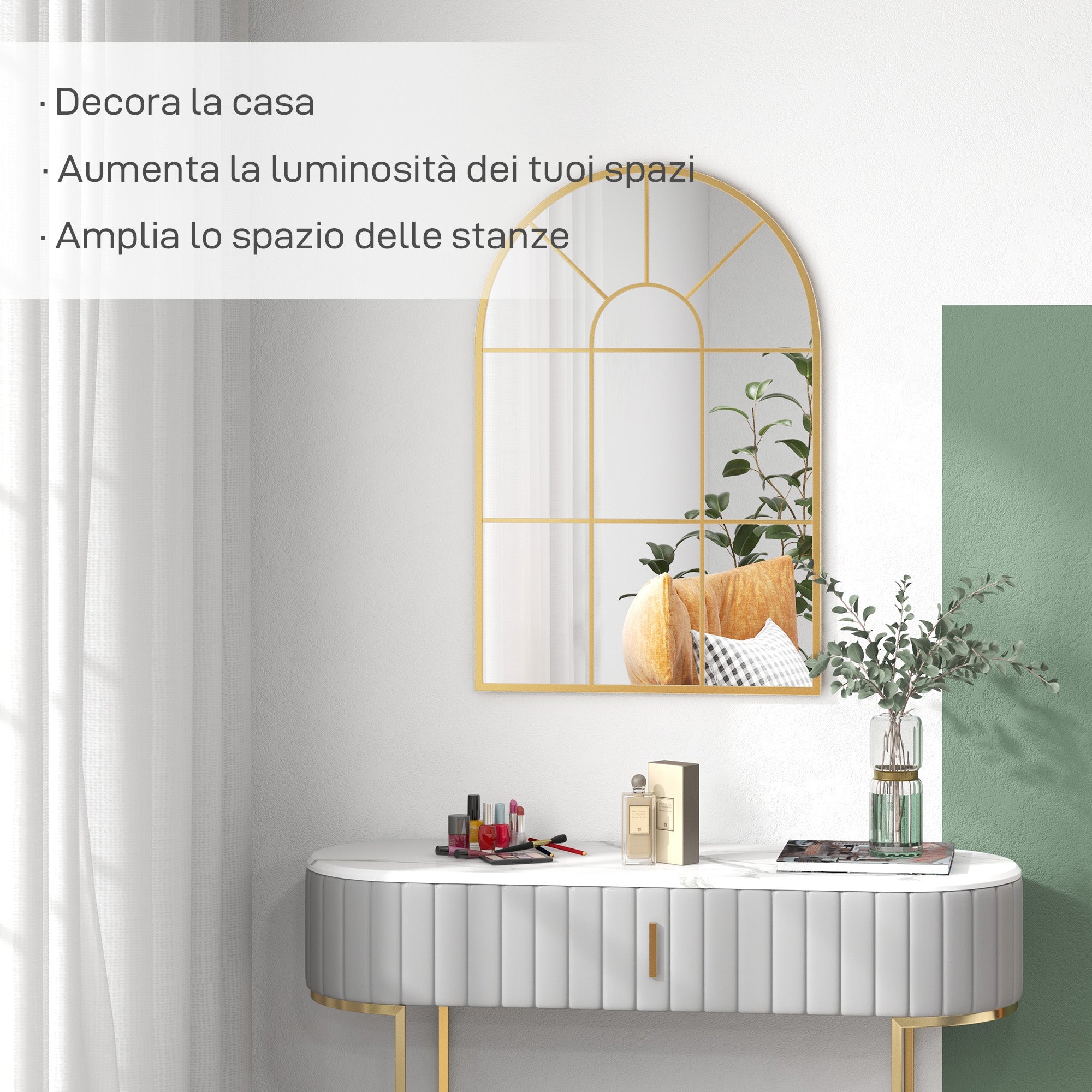Arched Wall Mirror in Glass and Gold Metal with a Modern Style, 91x2x60 cm