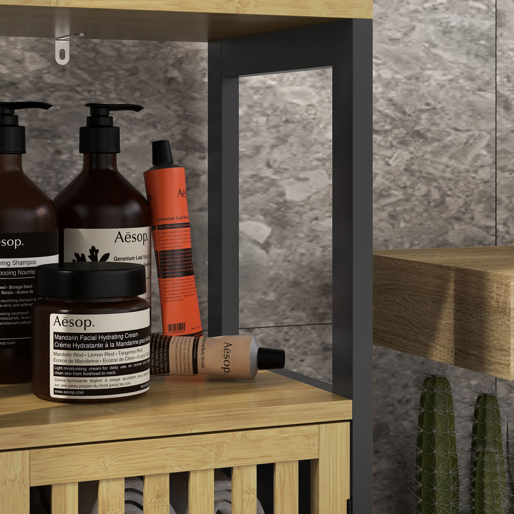 HOMCOM Bathroom Cabinet with Open Shelf and Cabinet, in MDF and Bamboo, 32x30x90.5 cm, Black and Wood Color - Borgè