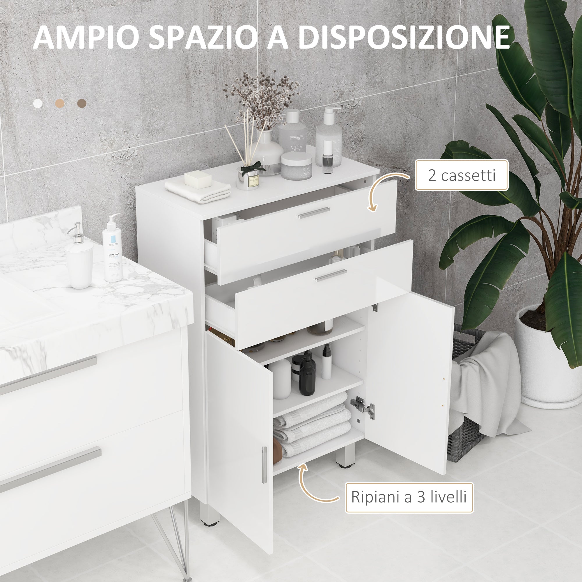 kleankin Bathroom Cabinet with 2 Drawers and Cabinet with Adjustable Shelf, Wooden, 60x30x93 cm, White