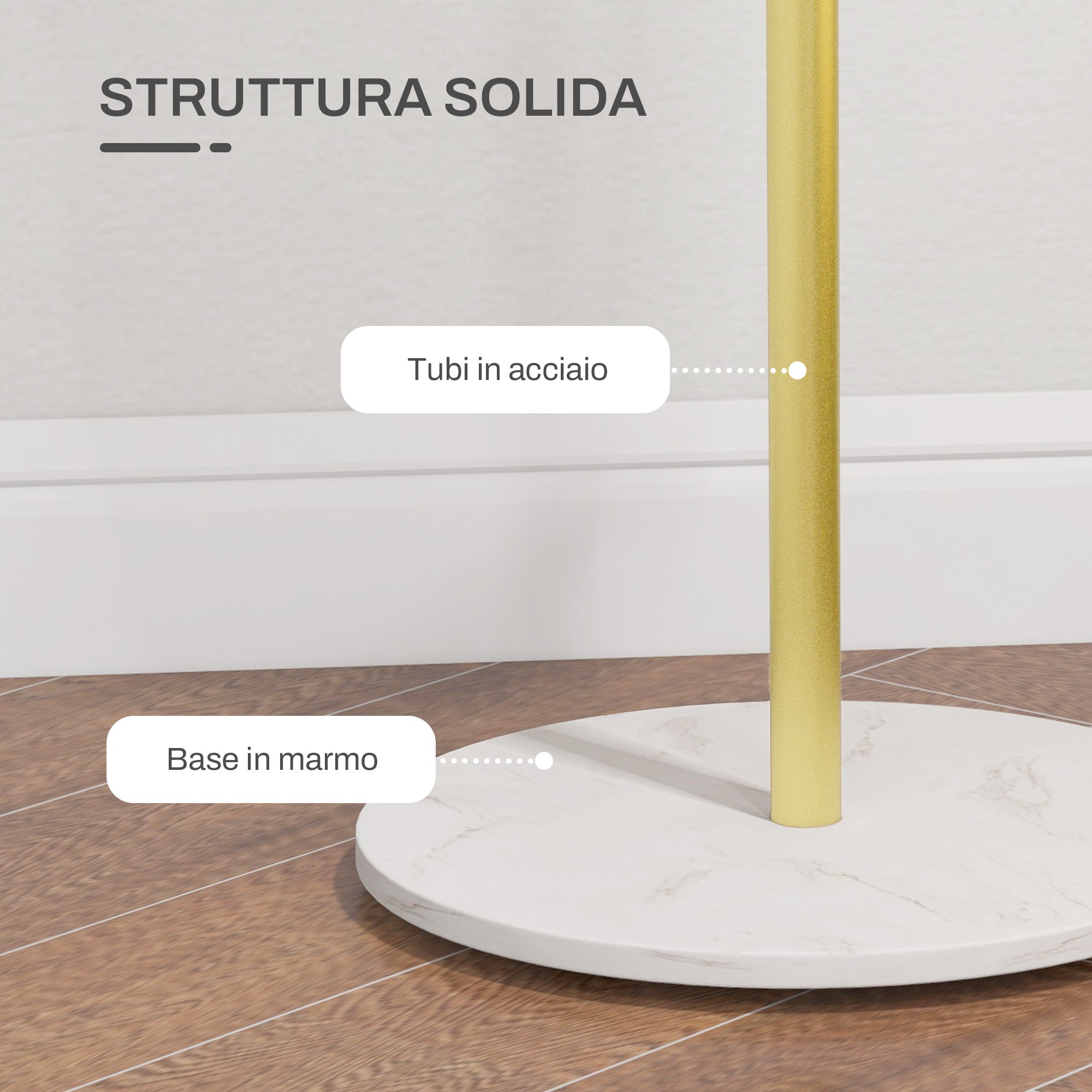 Freestanding Coat Rack with 8 Hooks, Marble and Steel Base, Ø32x164cm, Gold