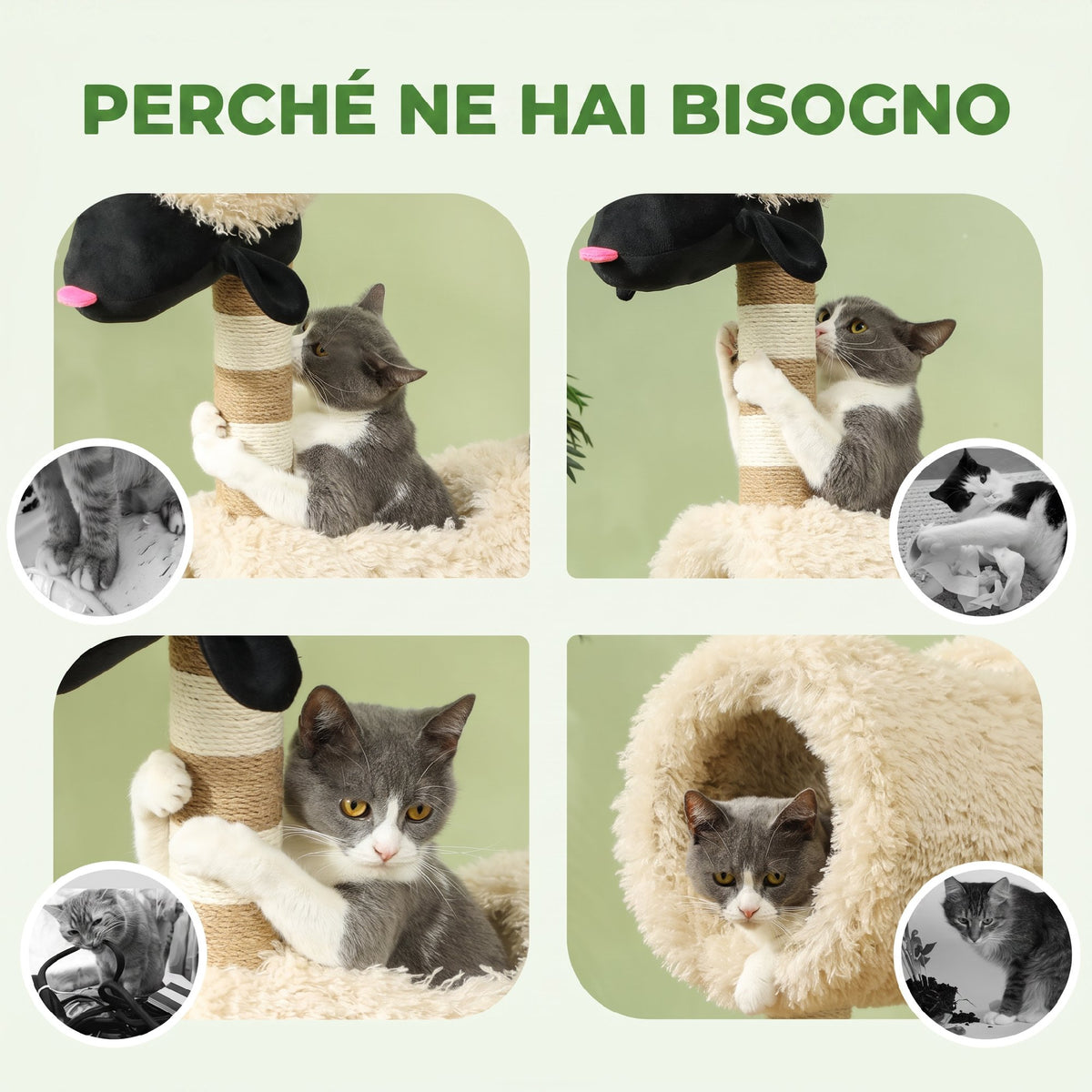 PawHut Sheep Cat Tree with Black Nose, Jute Posts, Tunnel and Ball, Light Brown