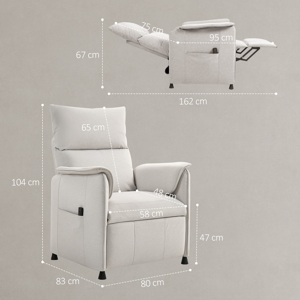 Electric Recliner Chair with Remote Control and Footrest, in Velvet Effect Fabric, 80x83x104 cm, Cream
