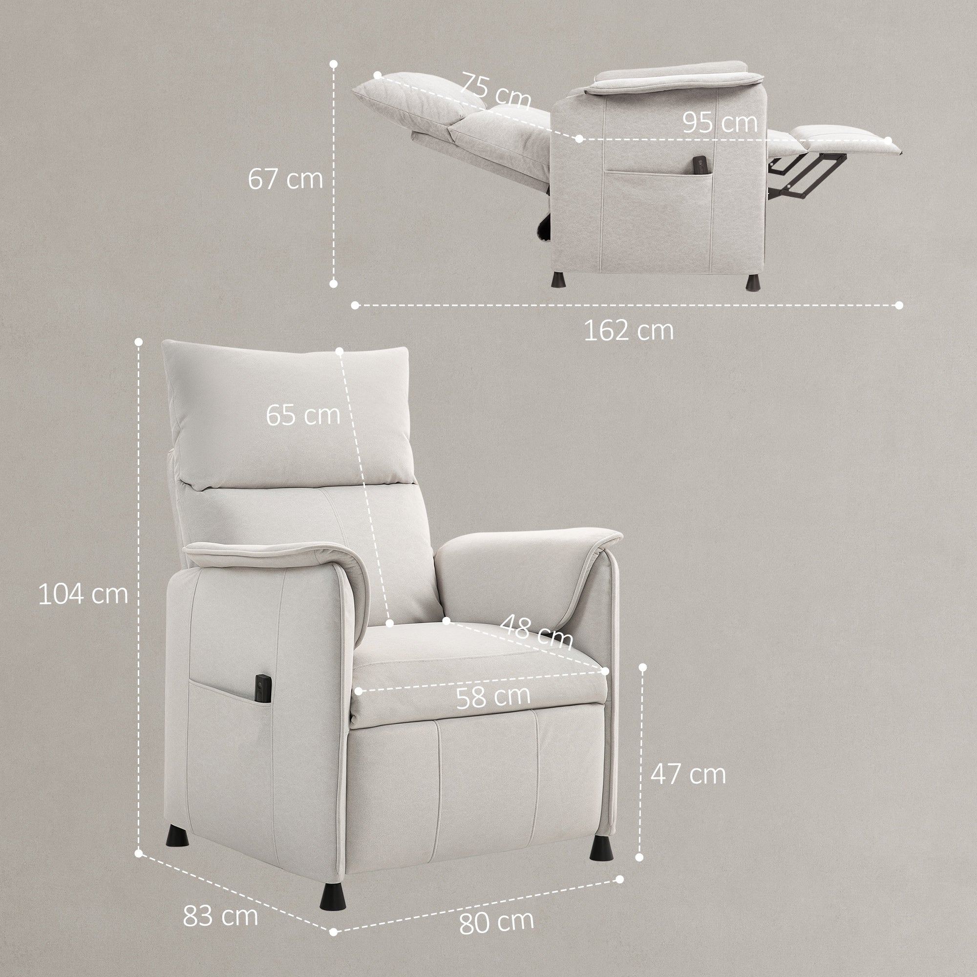 Electric Recliner Chair with Remote Control and Footrest, in Velvet Effect Fabric, 80x83x104 cm, Cream