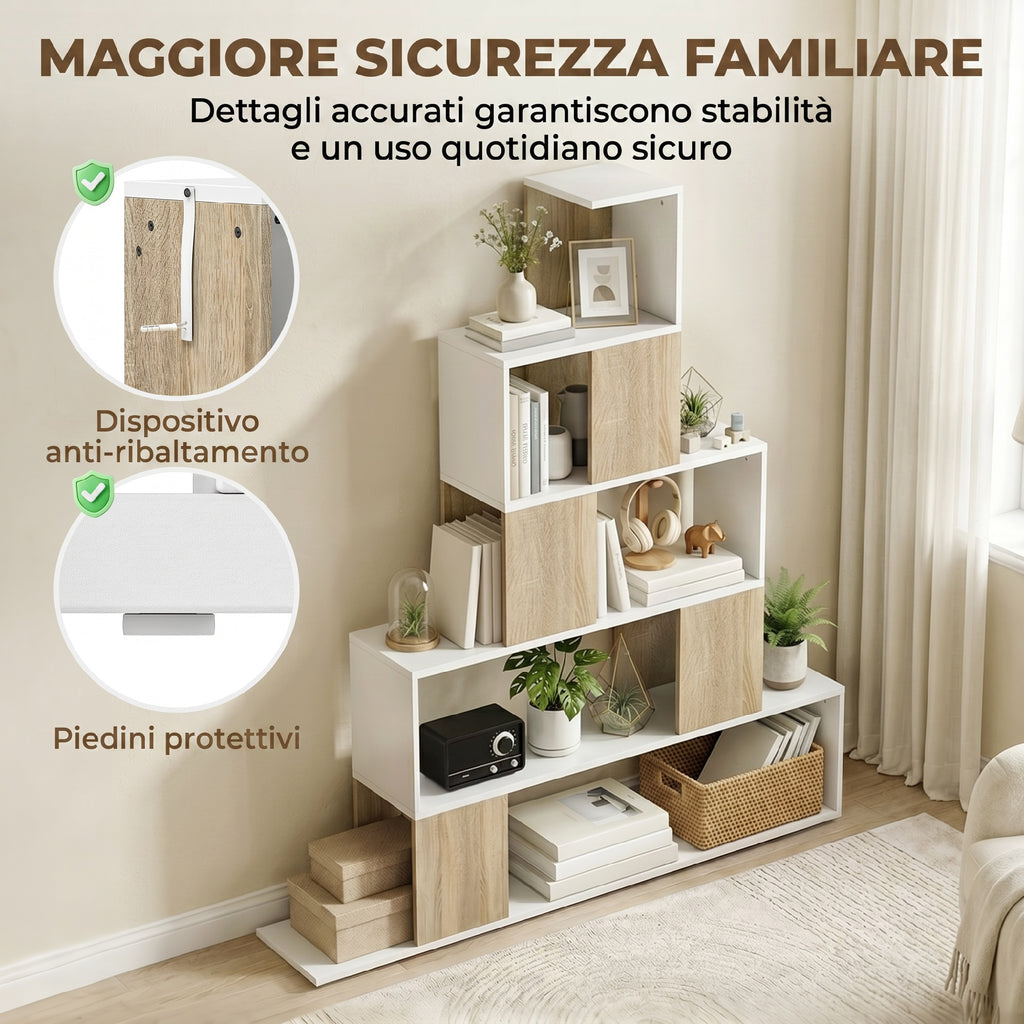 HOMCOM Modern 5-Tier Bookcase with Step Design, 120x22x131.5 cm, White and Wood