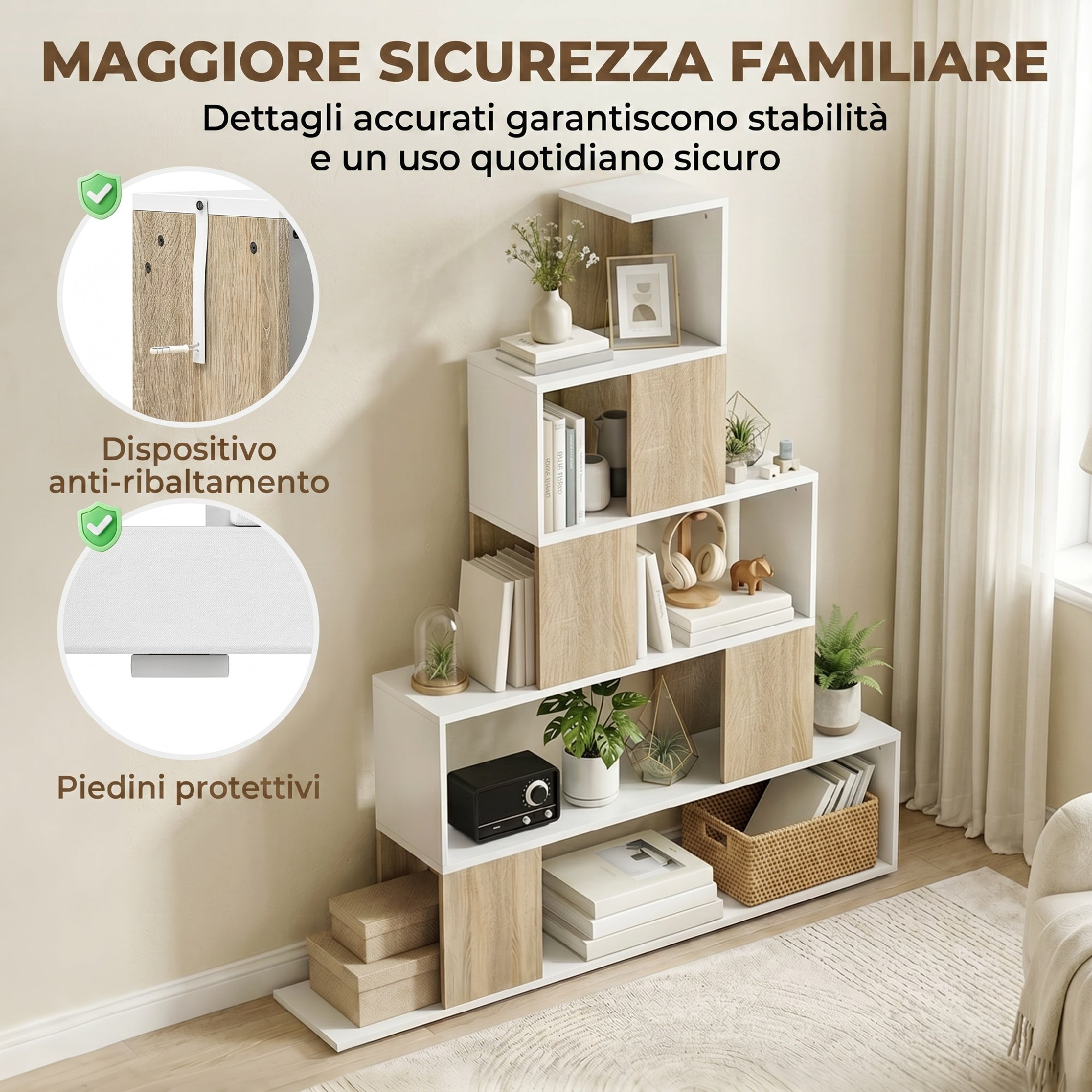 HOMCOM Modern 5-Tier Bookcase with Step Design, 120x22x131.5 cm, White and Wood