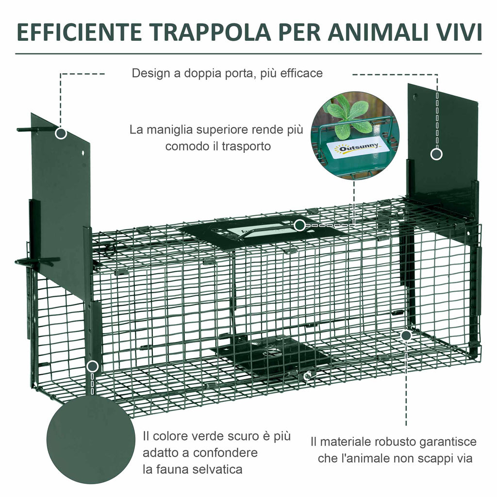 Trap Cage for Small Live Animals with Double Door and Handle, 60x18x20cm, Dark Green