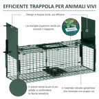 Trap Cage for Small Live Animals with Double Door and Handle, 60x18x20cm, Dark Green
