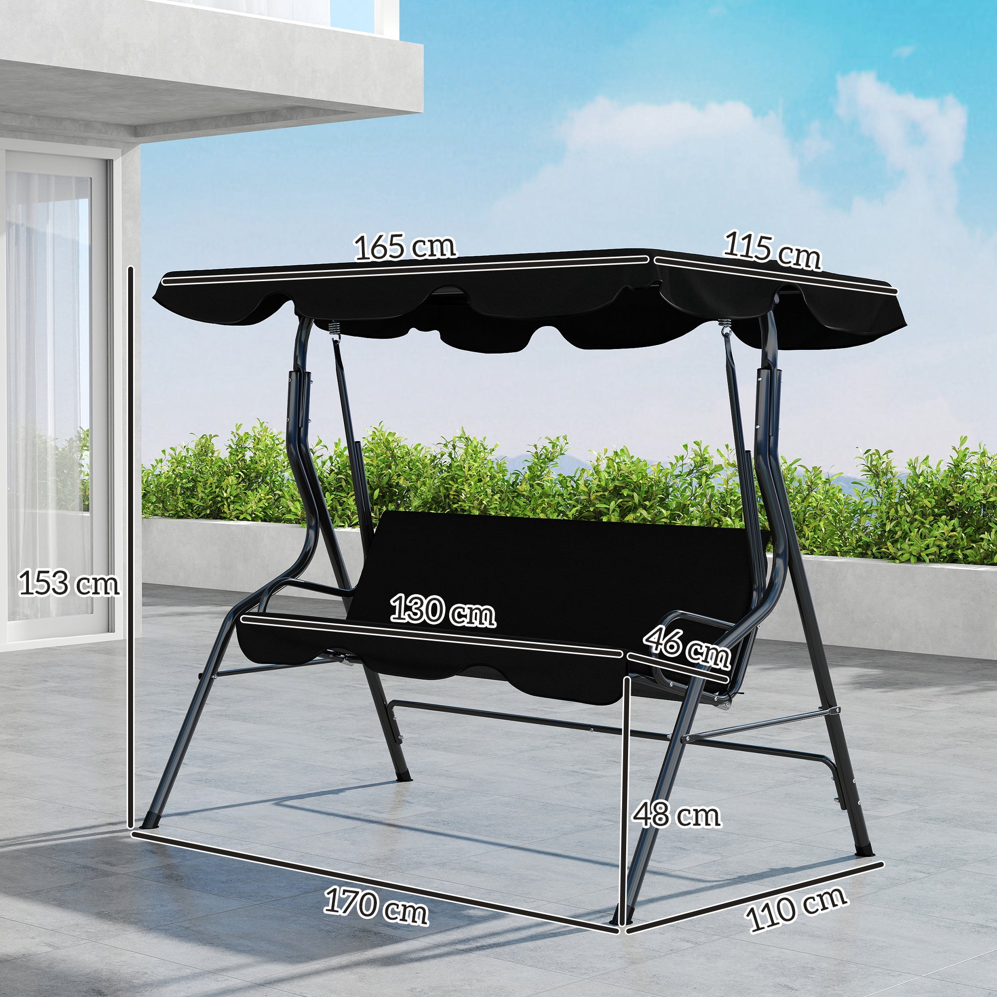 Outsunny 3-Seater Swing with Adjustable Canopy and Cushions, Steel and Polyester, 170x110x153 cm, Black
