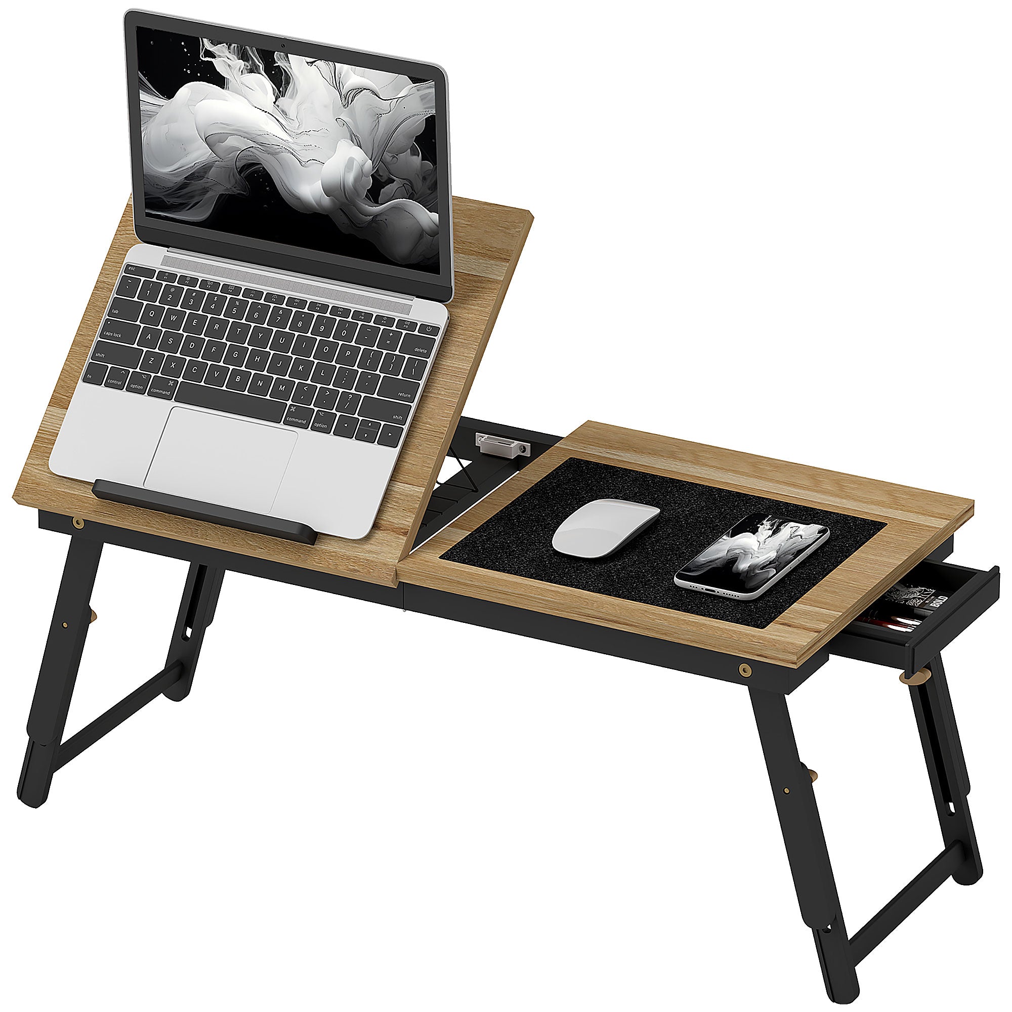 Tilting and Adjustable Monitor Stand with Side Drawer, in Wood, 86x33x22.5-32 cm, Oak and Black