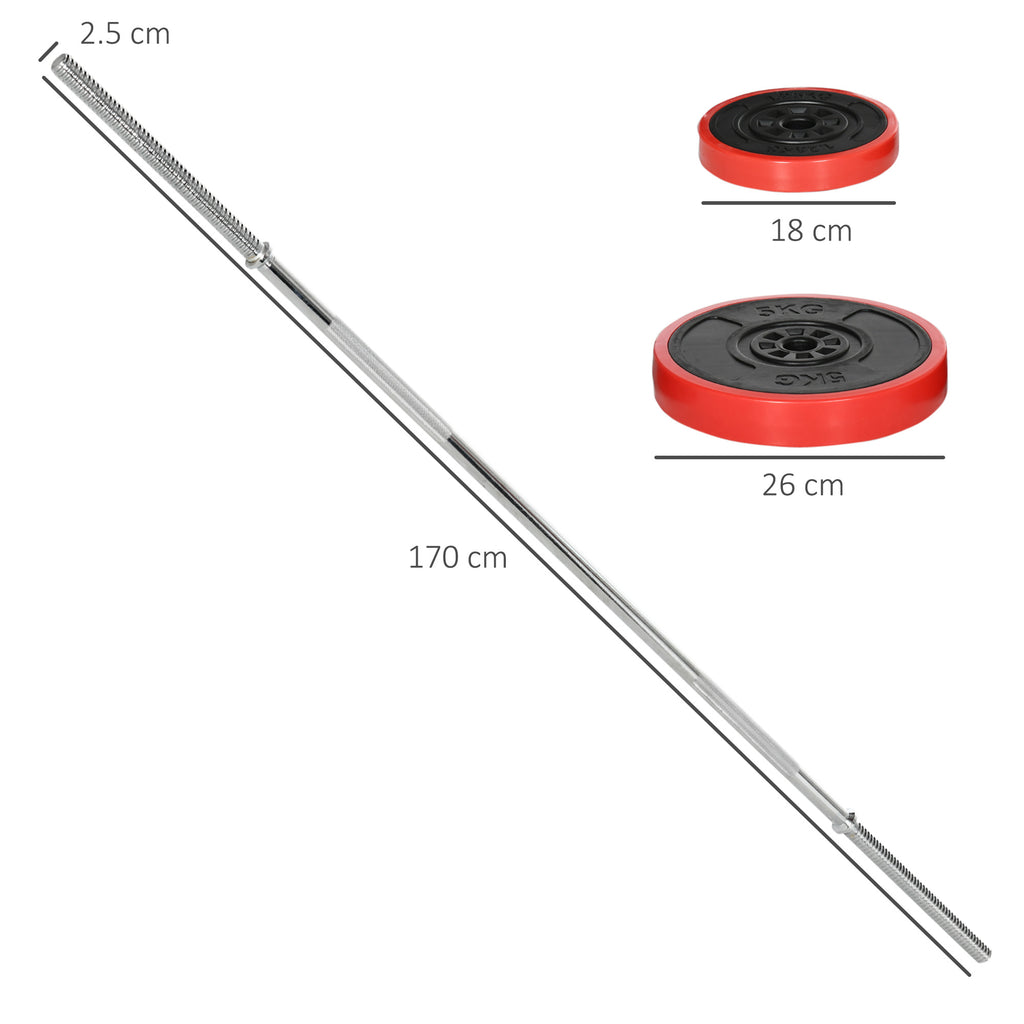 SPORTNOW Barbell and Disc Set 30 kg total with 6 Weights and 2 Nuts, in Metal, PU and Sand, 170x26x26 cm, Red