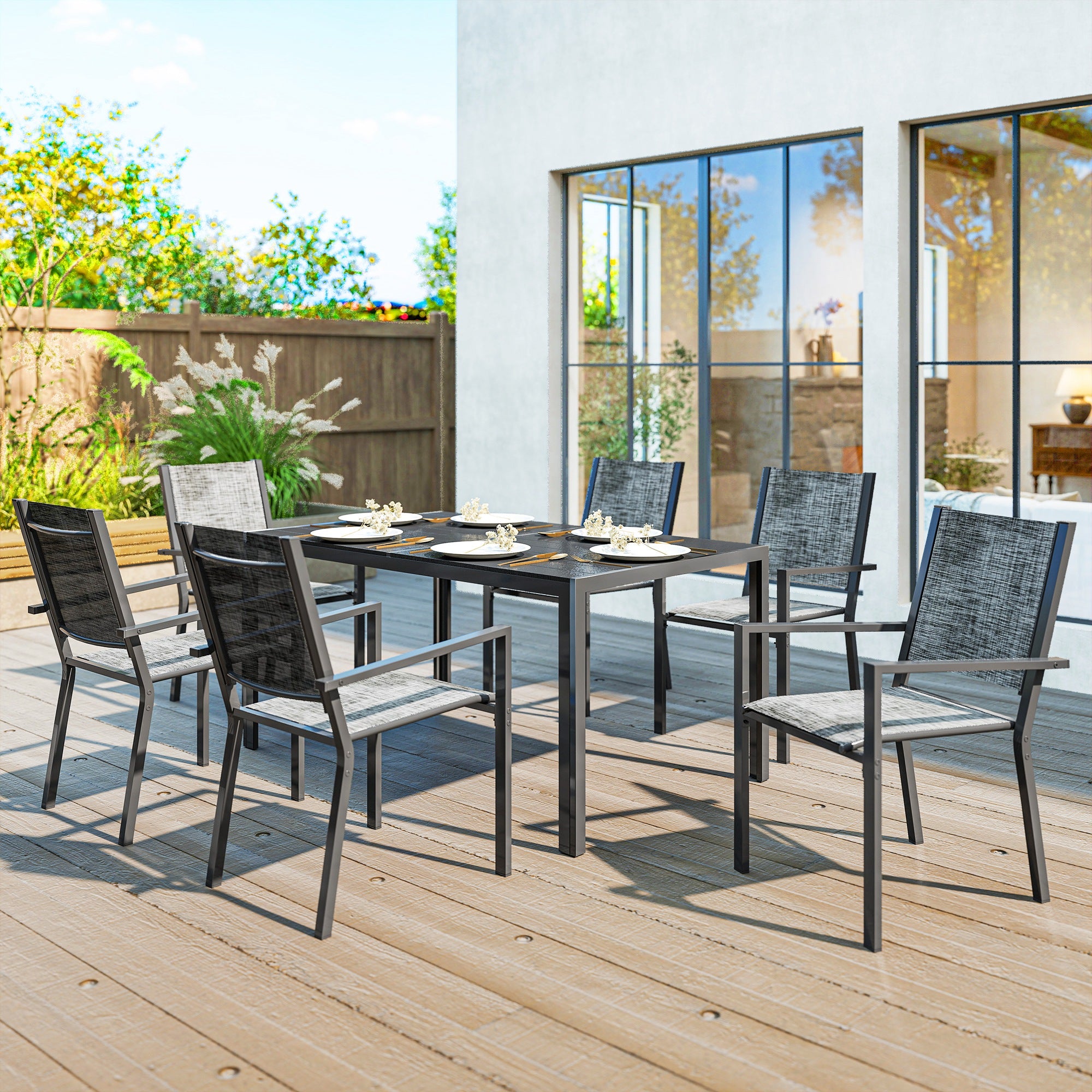 7 Piece Steel Garden Set with Rectangular Table and 6 Breathable Stackable Chairs, Grey and Black