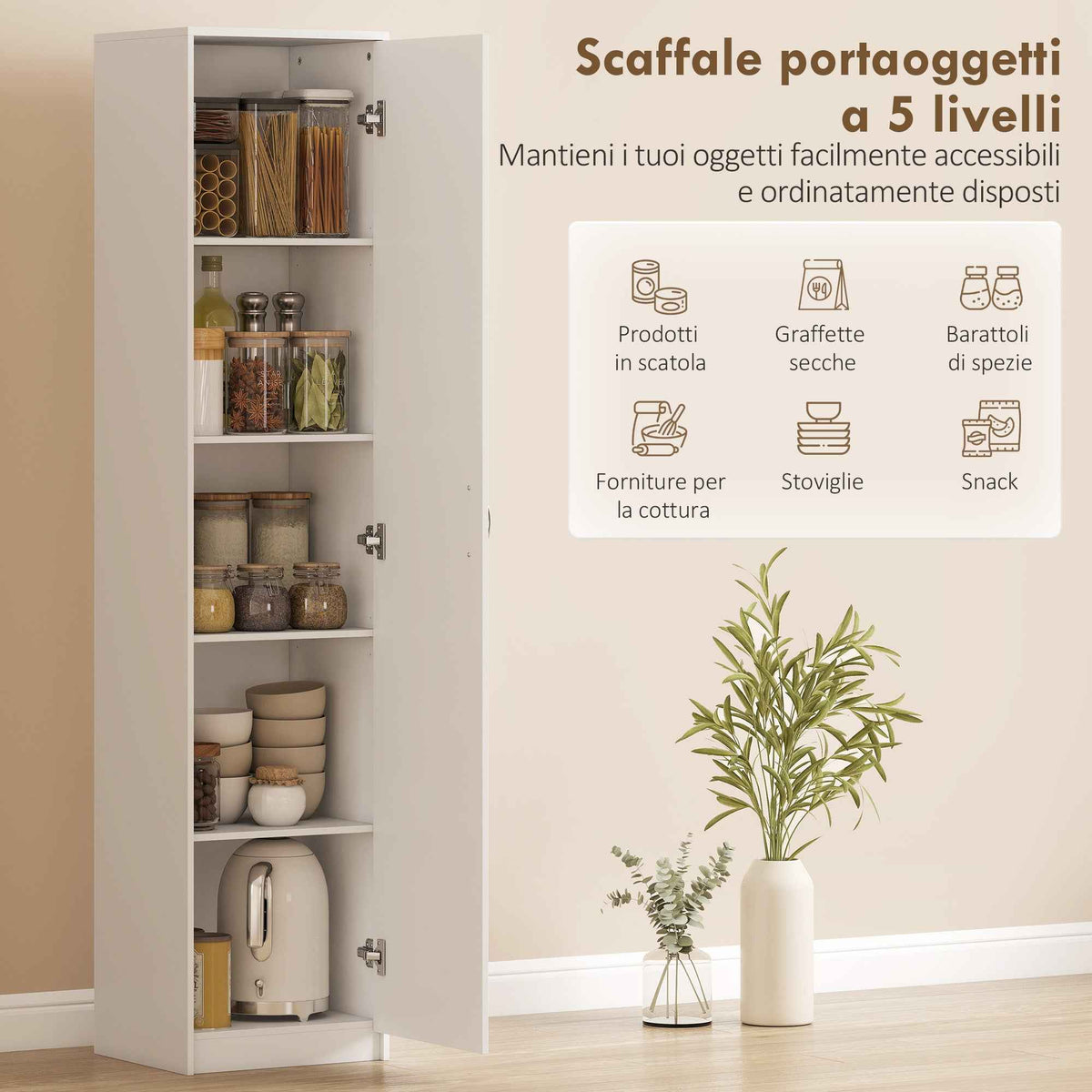 HOMCOM 5-Tier Slim Kitchen Cabinet with Adjustable Interior Space, Wooden, 40x35x180 cm, White