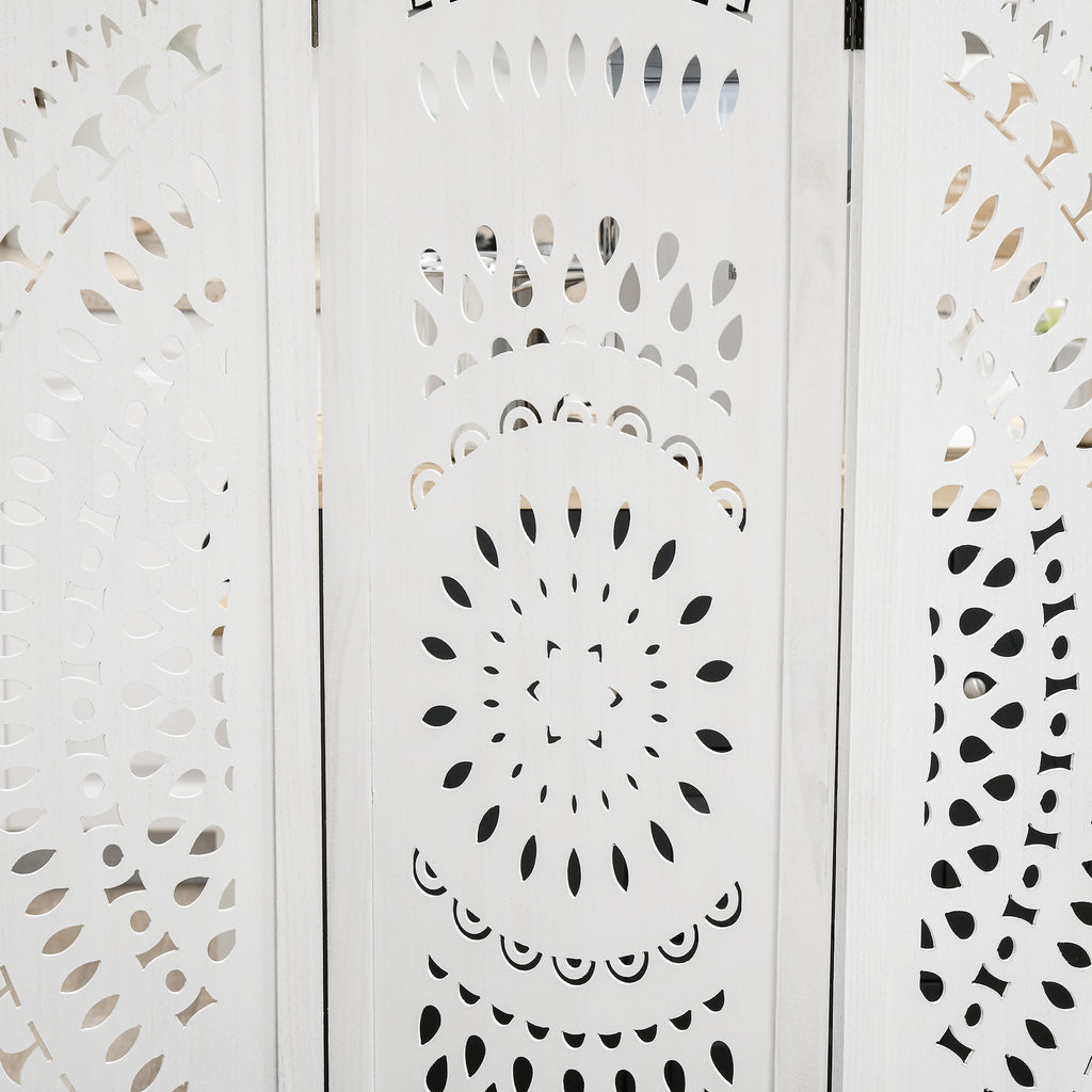 3-Panel Folding Room Divider Screen, Carved Wood, 120x170cm, White