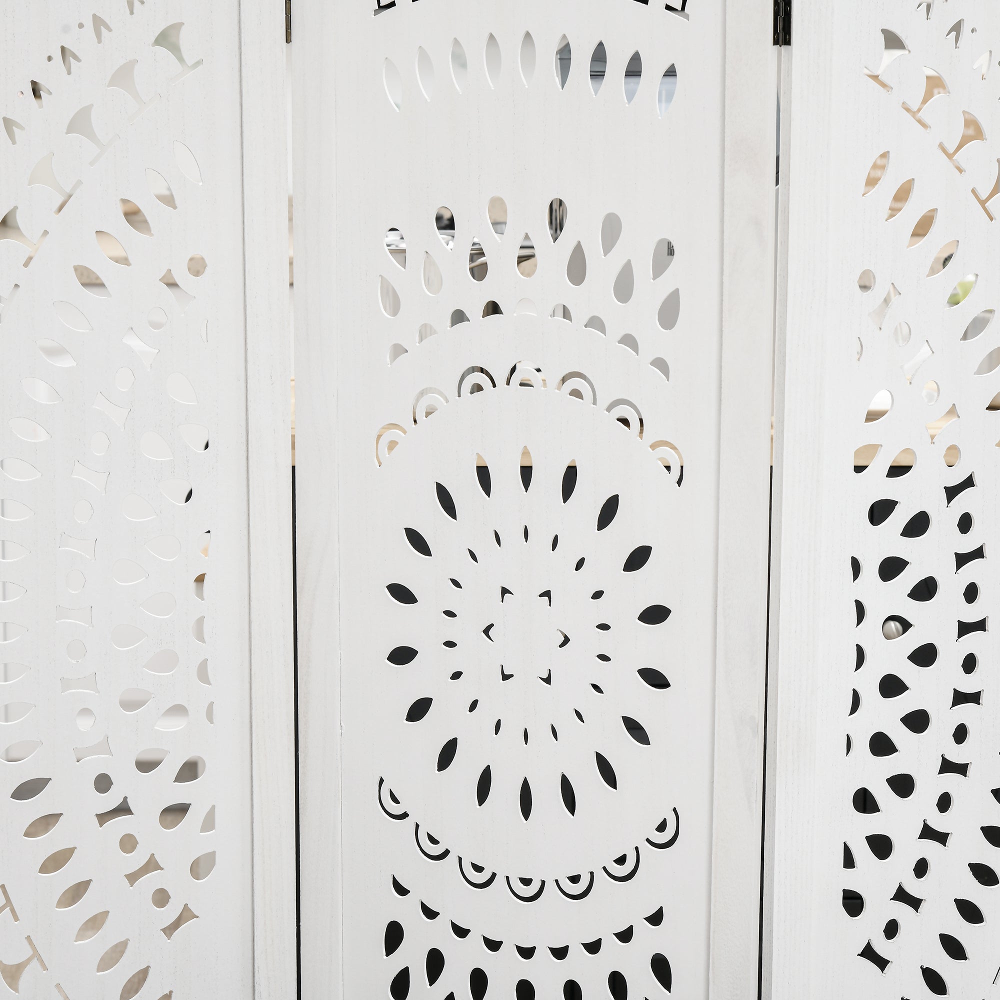 3-Panel Folding Room Divider Screen, Carved Wood, 120x170cm, White