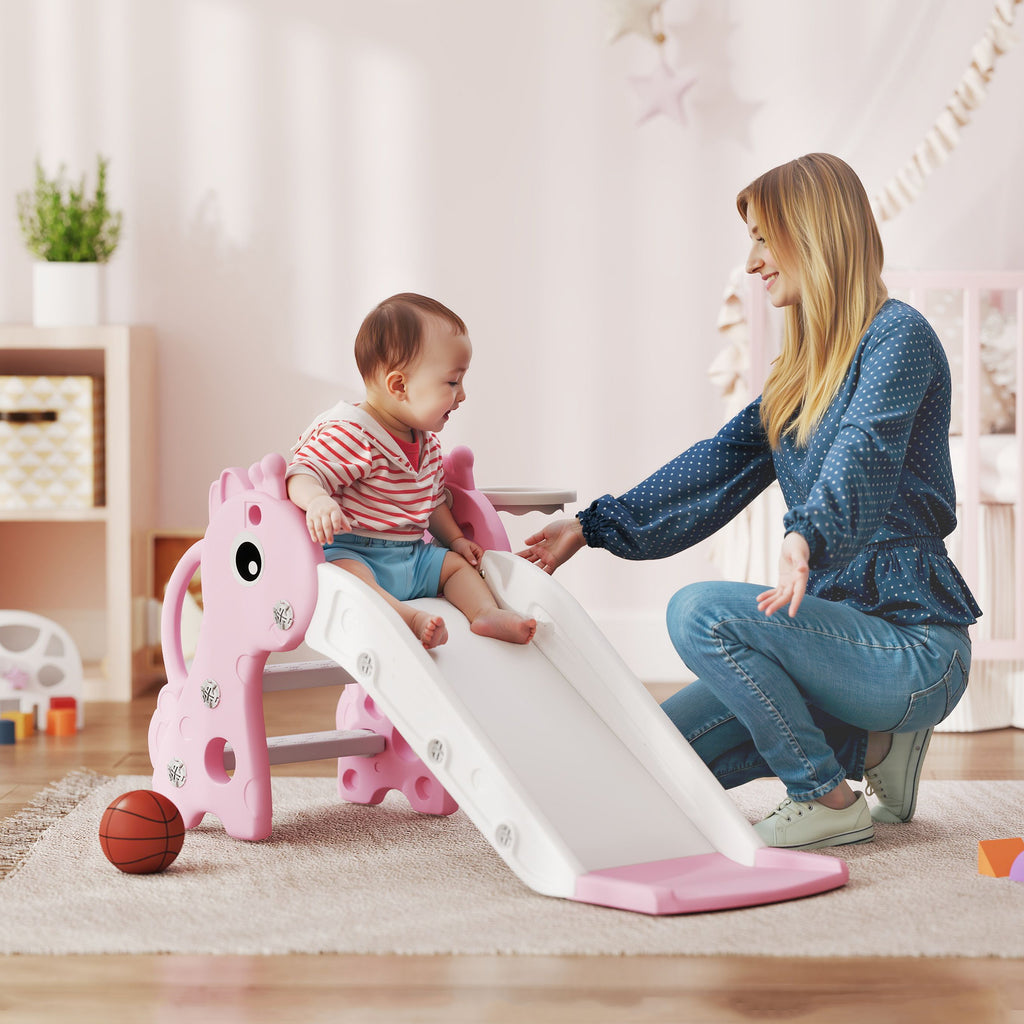 AIYAPLAY Kids Slide with Ladder, Basketball Hoop and Ball, Giraffe Design, for Children 1-3 Years Old, Pink