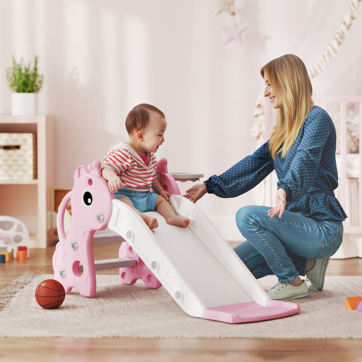 AIYAPLAY Kids Slide with Ladder, Basketball Hoop and Ball, Giraffe Design, for Children 1-3 Years Old, Pink