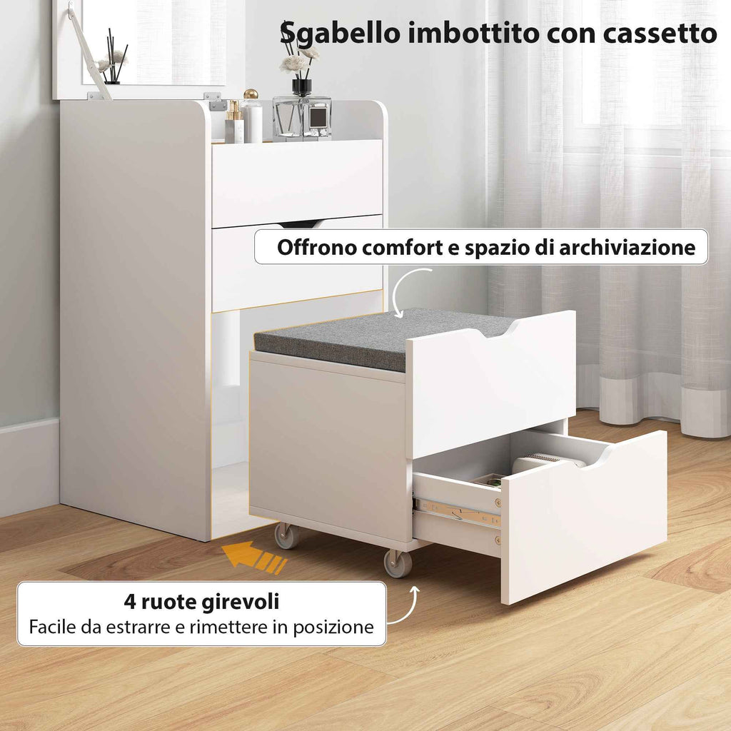 HOMCOM 3-in-1 Dressing Table with Mirror, Compartment, 2 Drawers and Stool, Wooden, 50x40x78 cm, White