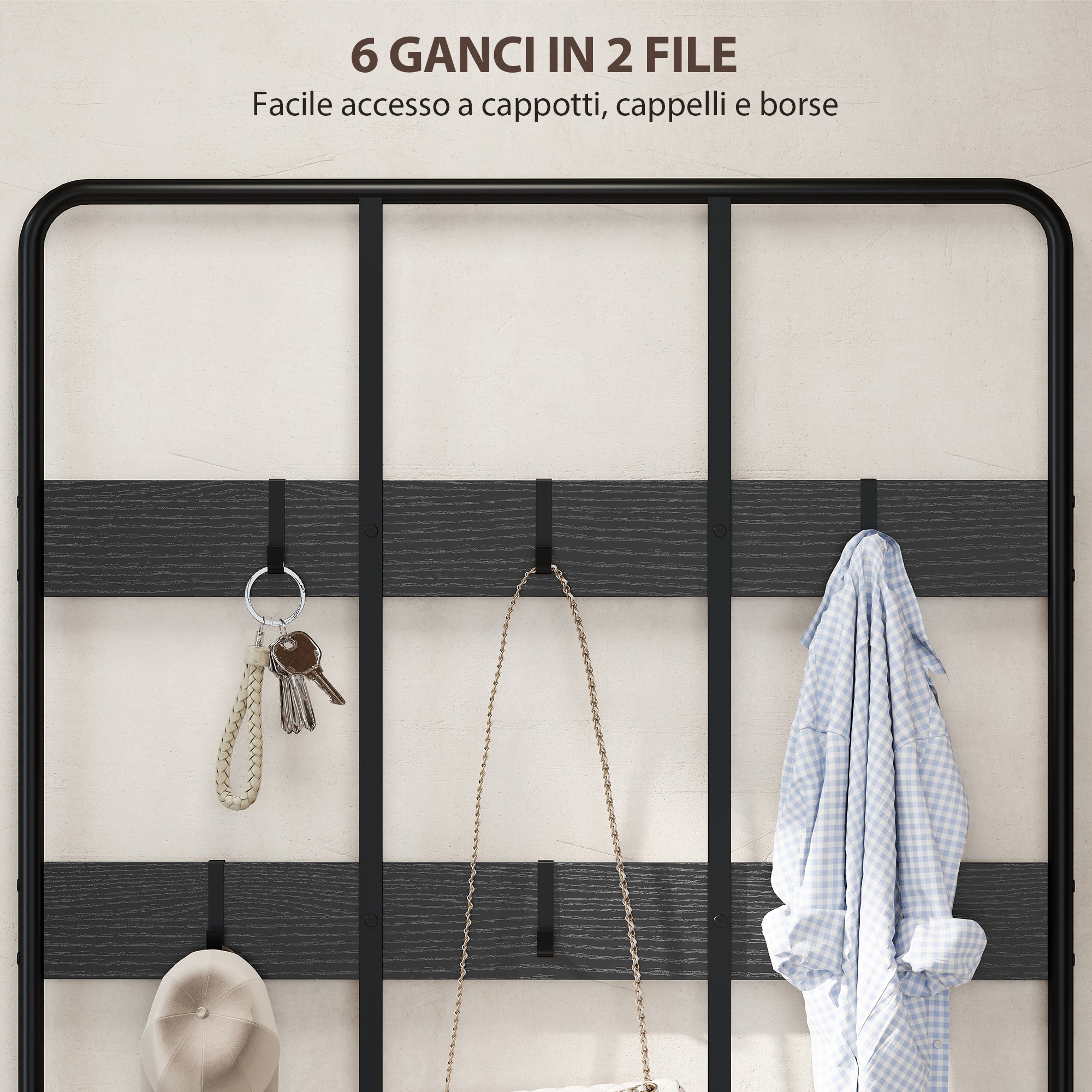 3-in-1 Hallway Coat Rack with 6 Hooks and Shoe Rack Bench, 91x36x180 cm, Black