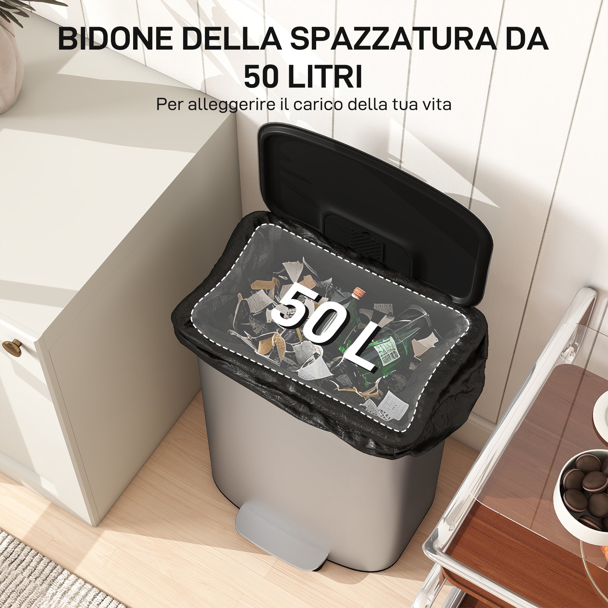 50L Pedal Bin with Soft-Close Lid, 90° Opening and Removable Bucket, Stainless Steel, Grey