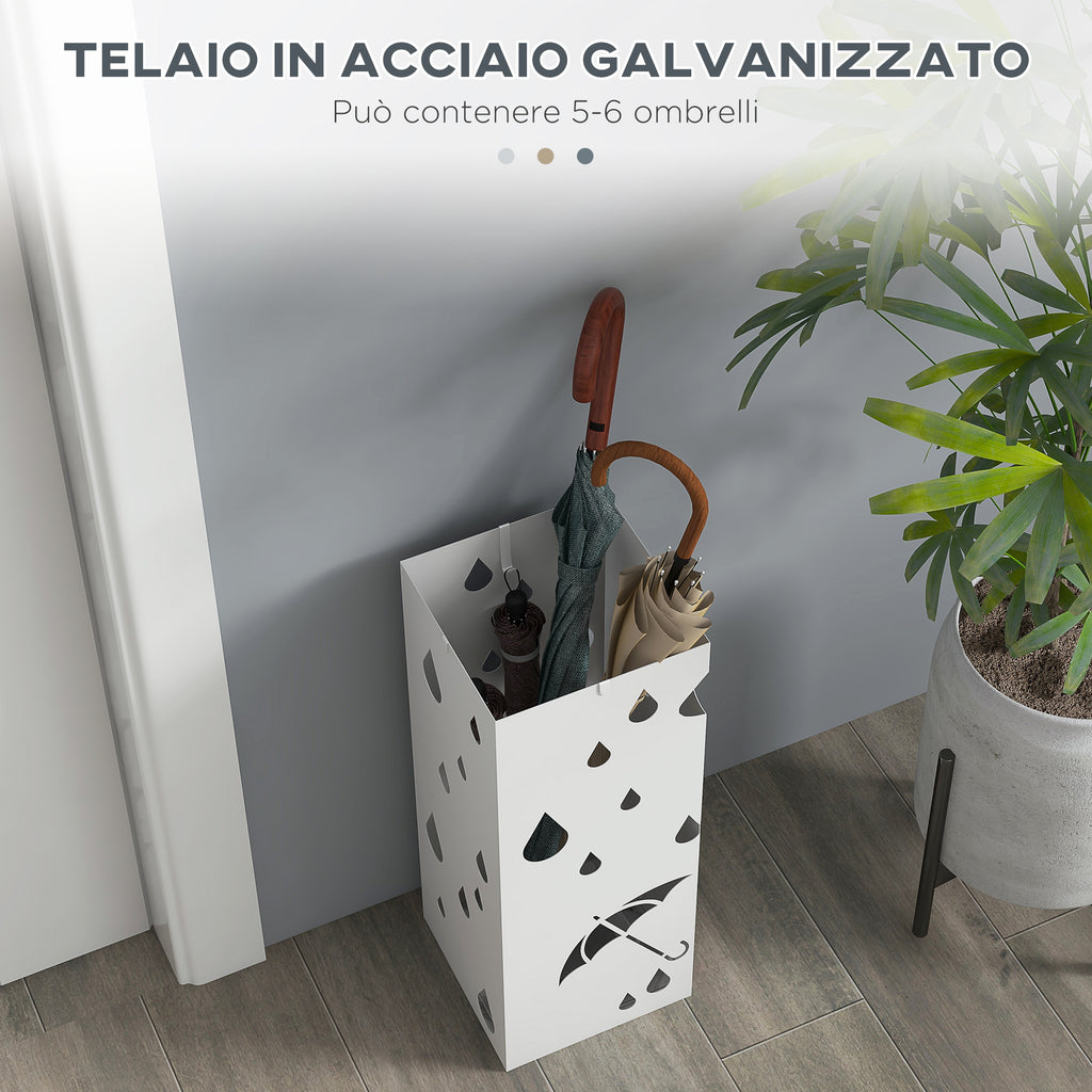 Metal Umbrella Stand with 4 Hooks and Drip Tray, 15.5x15. 5x41cm, White