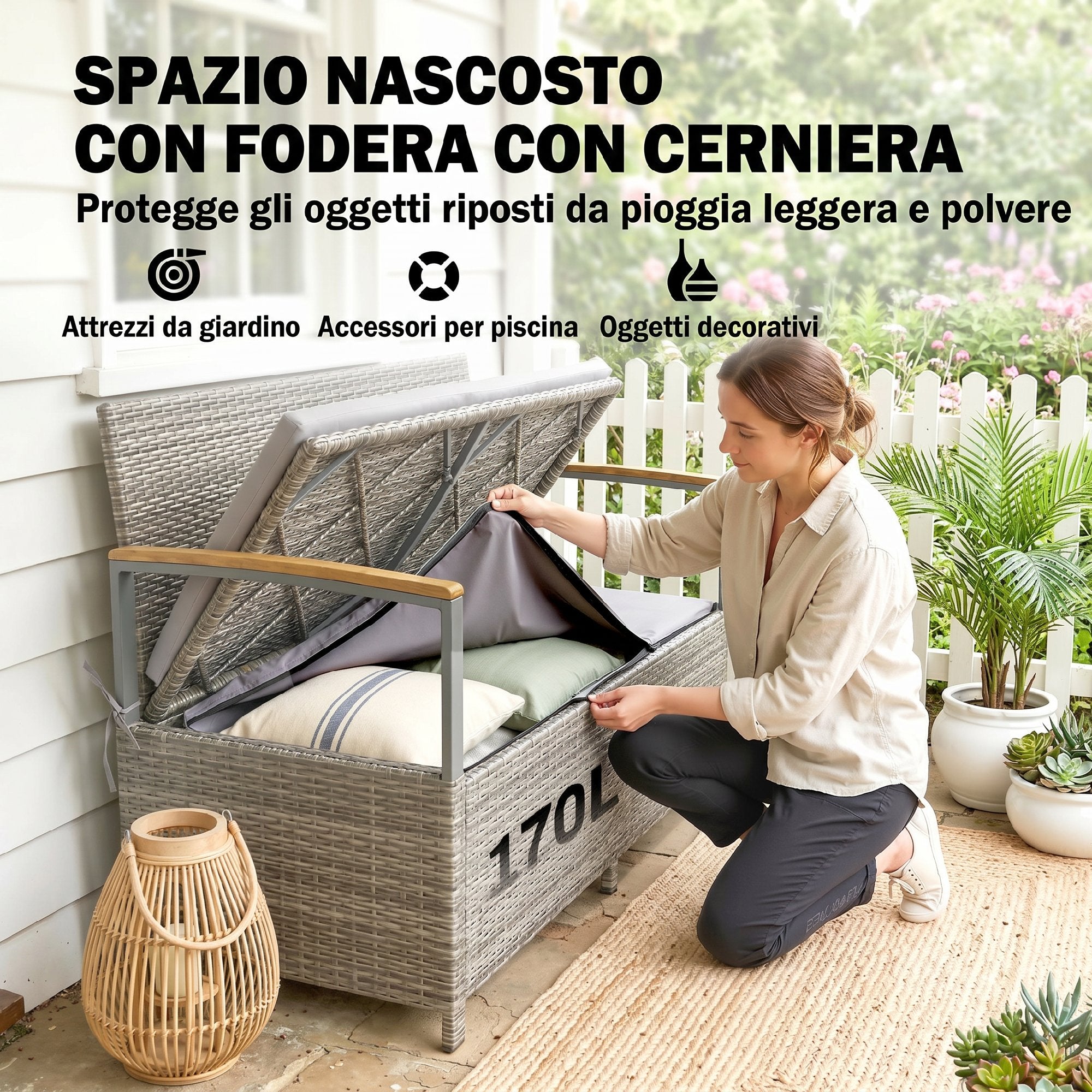 Outsunny 170L Garden Bench, 2 Seater Rattan with Cushion, Light Grey