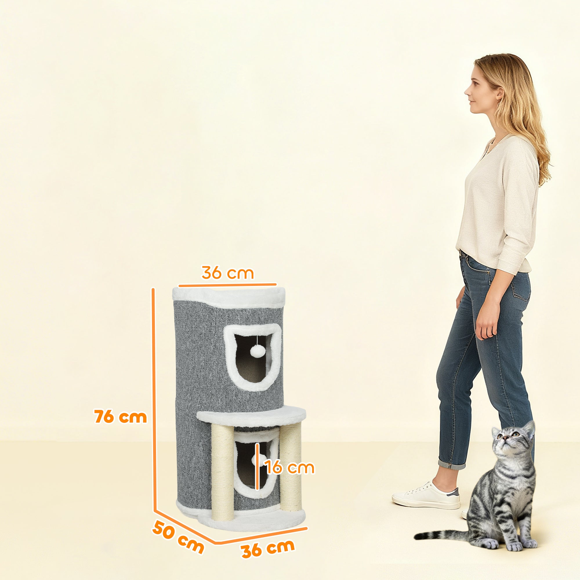 Cat Scratching Tree, 76 cm Tall, with Houses, Bed, Balls and Sisal Posts, Grey