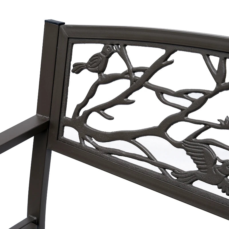 Waterproof Steel and Cast Iron Outdoor Garden Bench, Backrest with Natural Pattern Decorations, 127x60cm, Brown - Borge' Group Limited