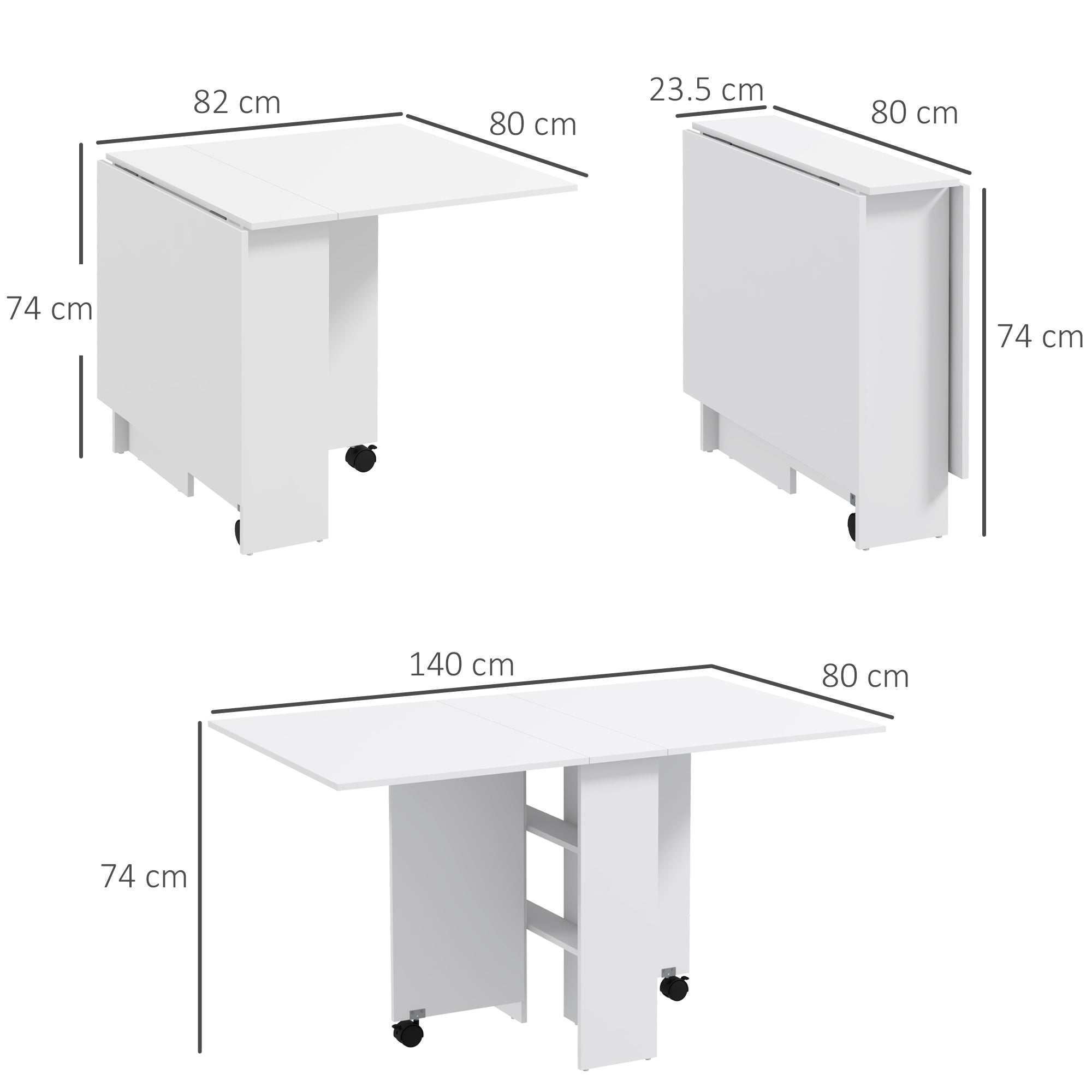 Space-Saving Folding Table with 2 Flaps for 6 People with Shelves and Wheels, White