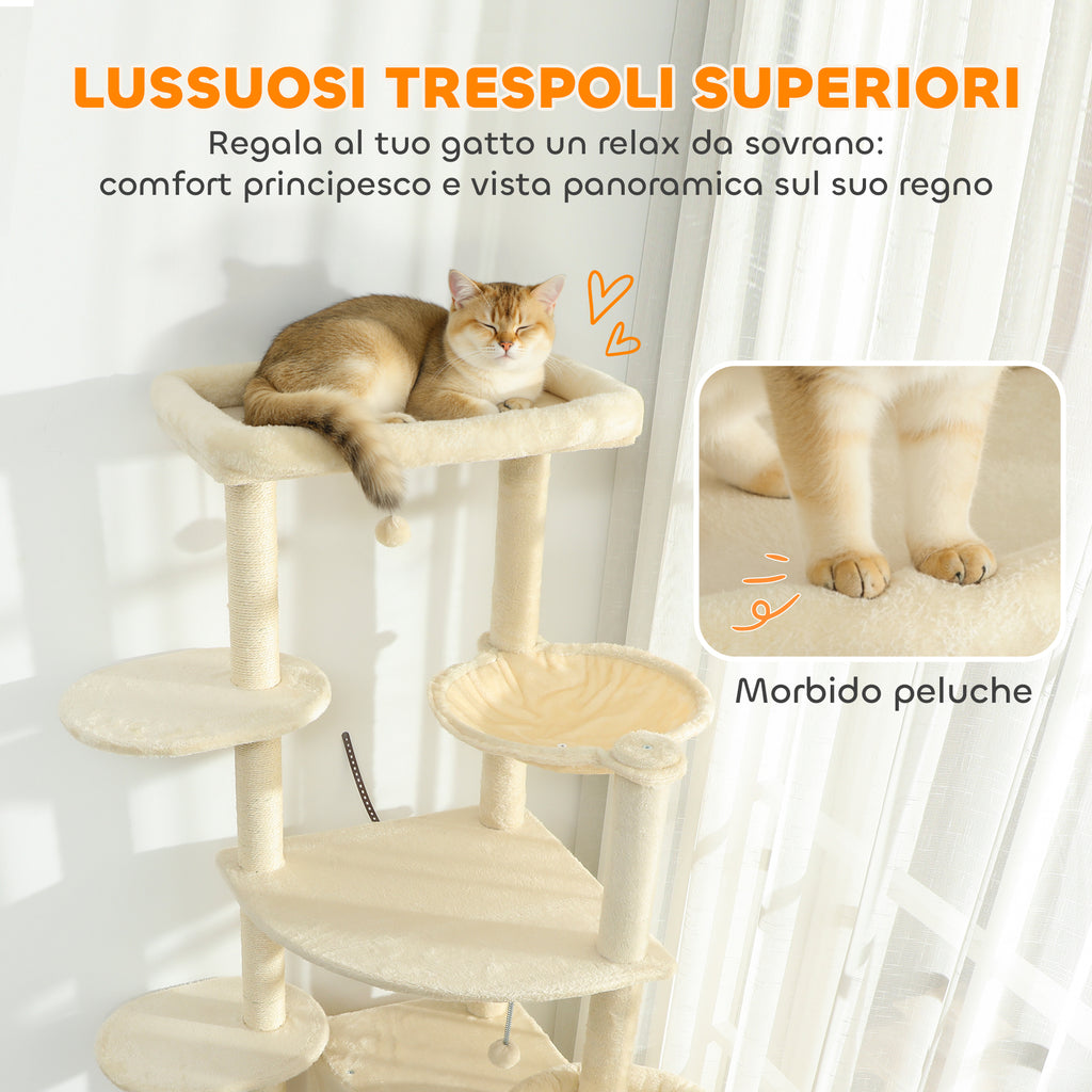 200cm High Multi-Level Cat Tree with 2 Houses, 2 Beds and Hammock, Structure for 2-3 Cats, Beige