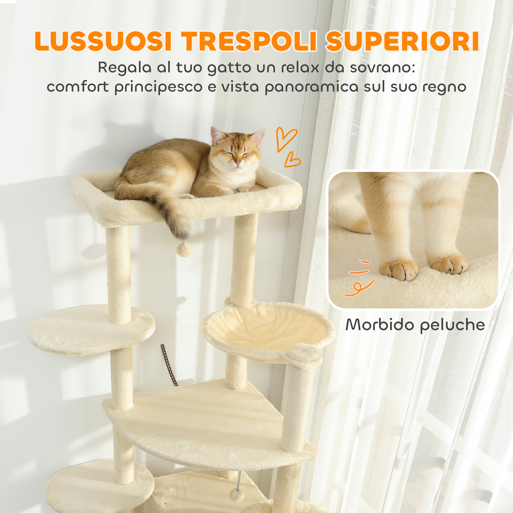 200cm High Multi-Level Cat Tree with 2 Houses, 2 Beds and Hammock, Structure for 2-3 Cats, Beige