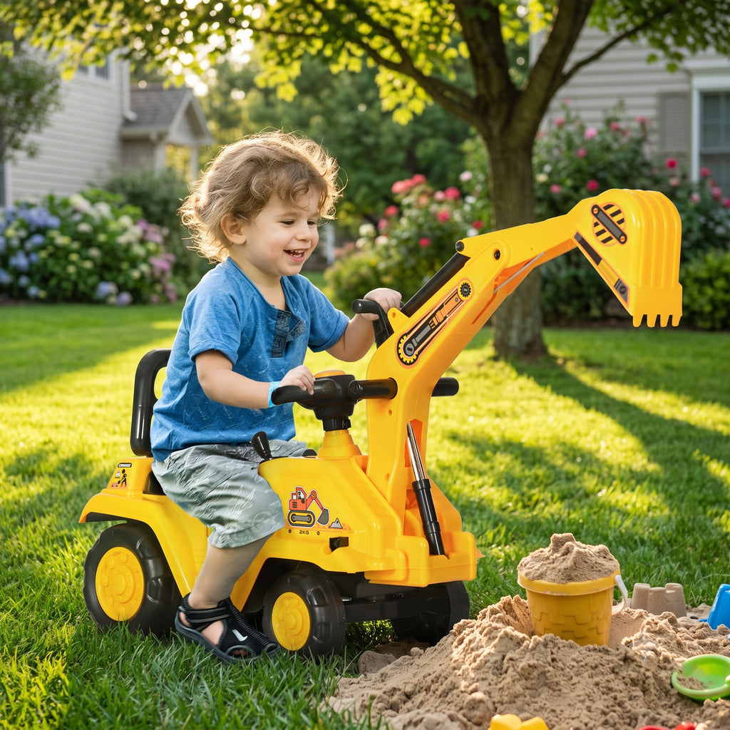 HOMCOM Kids Excavator with Bucket and Storage, Horn, Steering Wheel, 18-48 Months, Yellow