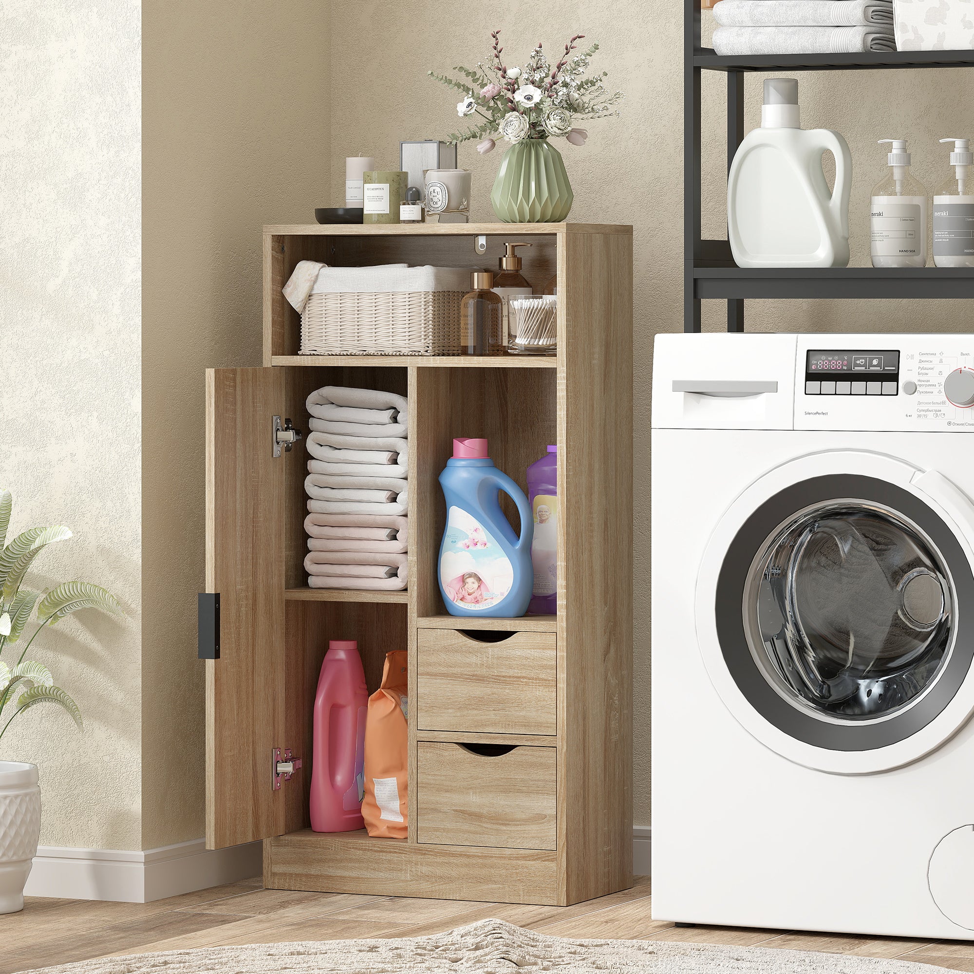 Space-Saving Slim Bathroom Cabinet with 2 Drawers, Shelves and Cabinet, 50x25x100 cm, Natural Wood