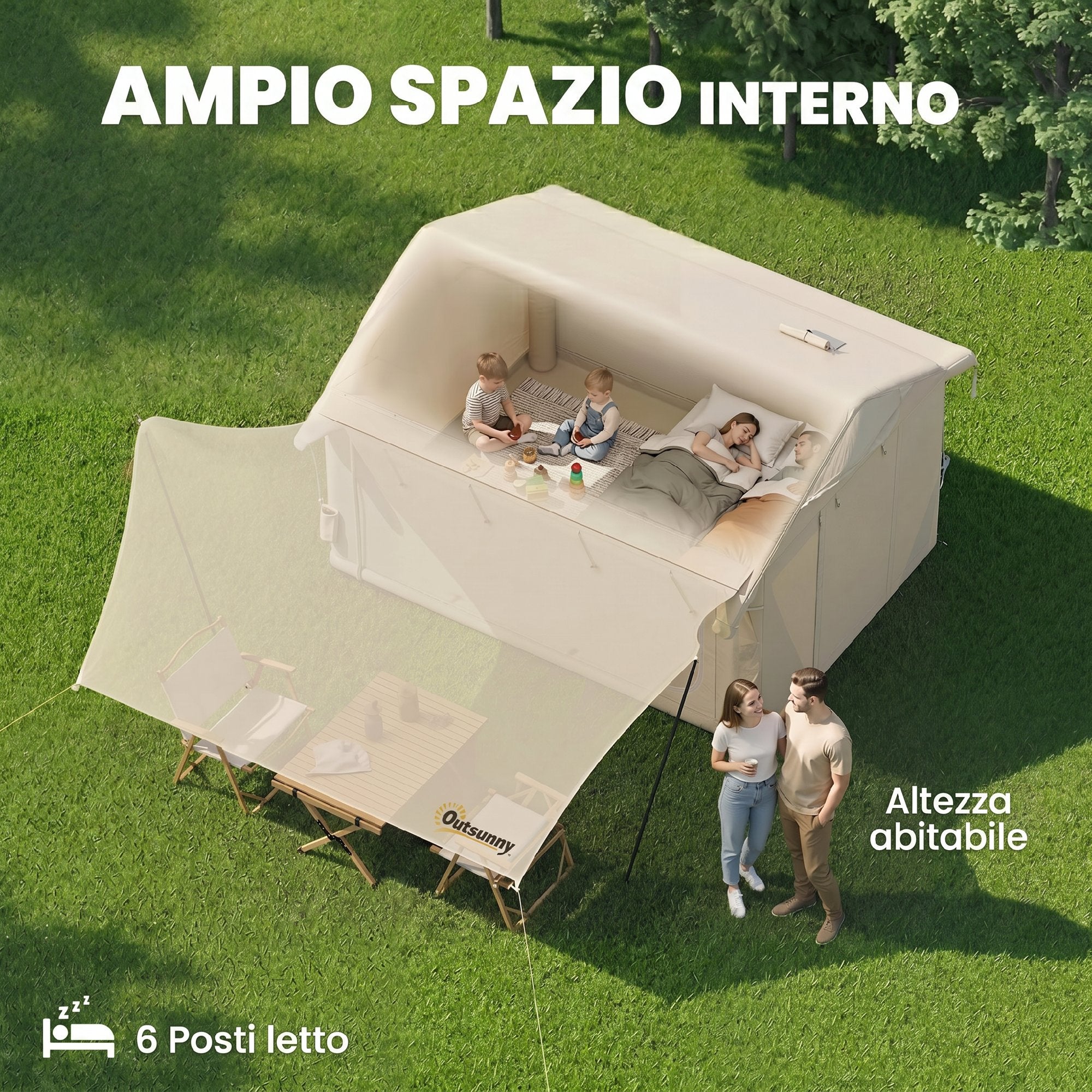 Outsunny Inflatable Camping Tent with Pump, 3000mm Waterproof and Windproof, Khaki