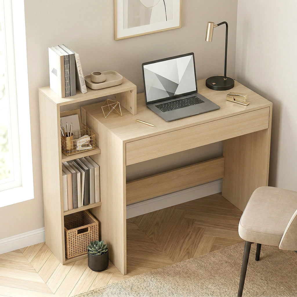 HOMCOM Modern PC Desk with 3 Open Shelves and Drawer, Wooden, Wood Color, 100x40x90 cm