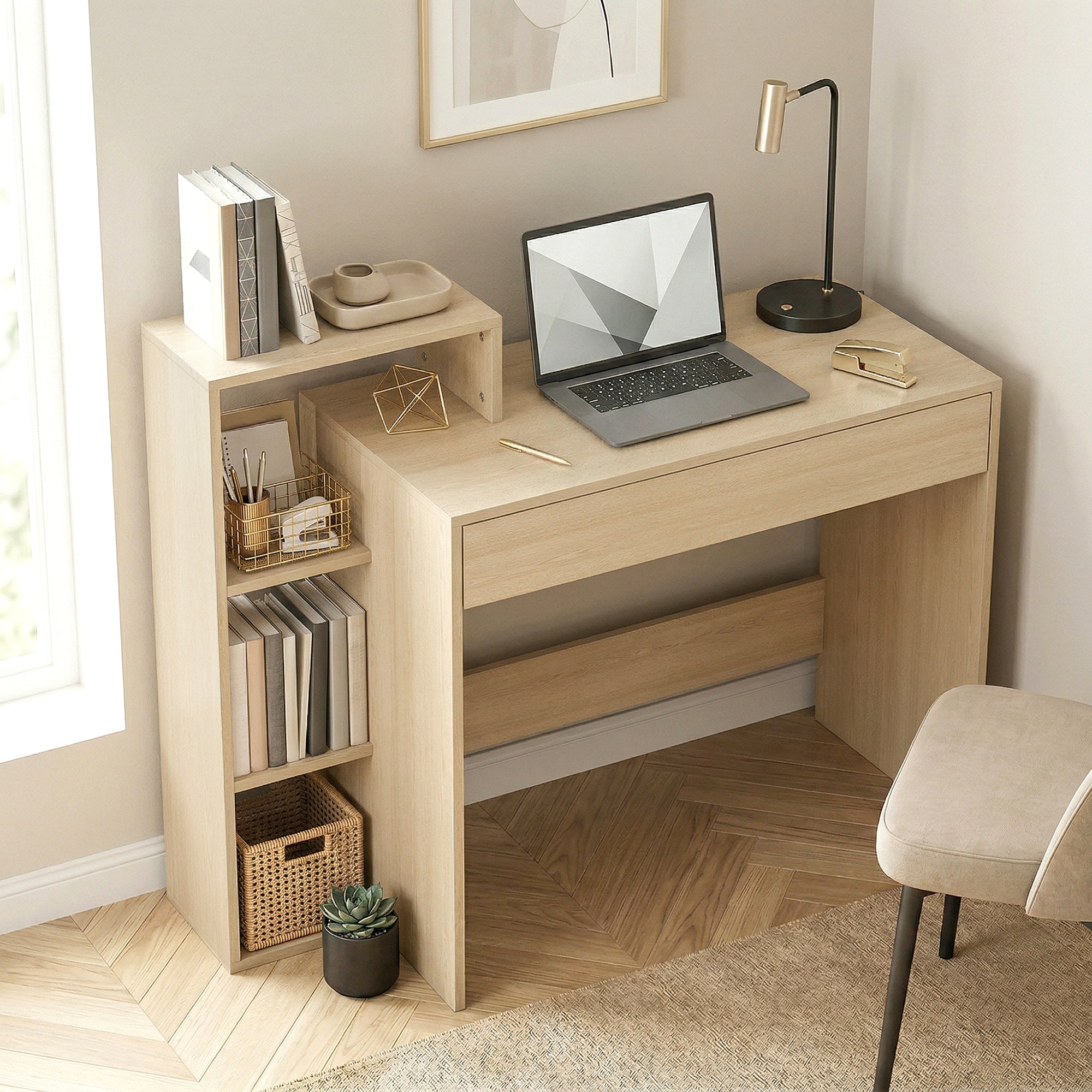HOMCOM Modern PC Desk with 3 Open Shelves and Drawer, Wooden, Wood Color, 100x40x90 cm
