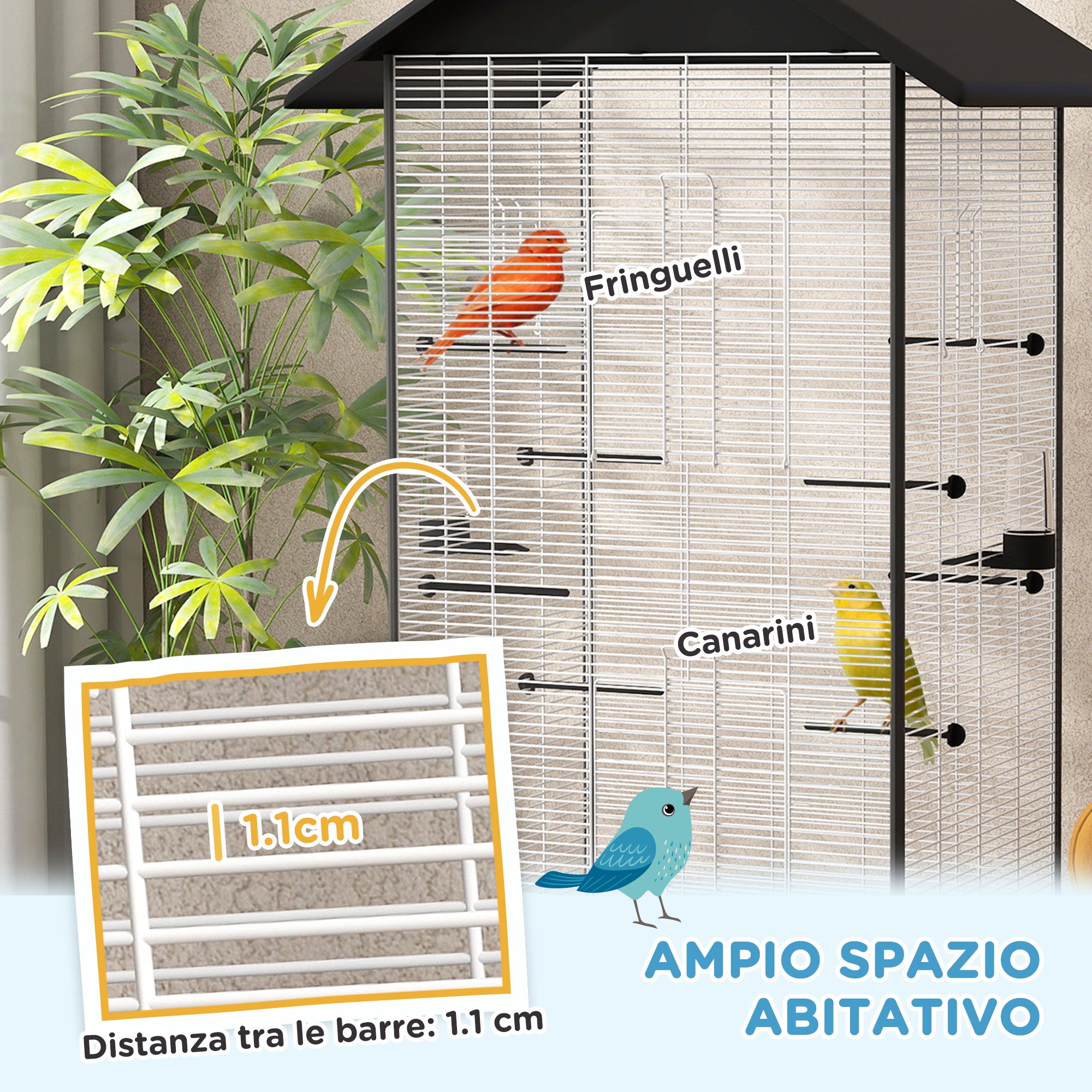 Bird Cage with Wheels and Removable Tray, 155 cm High Aviary with Perches and Feeders, Black