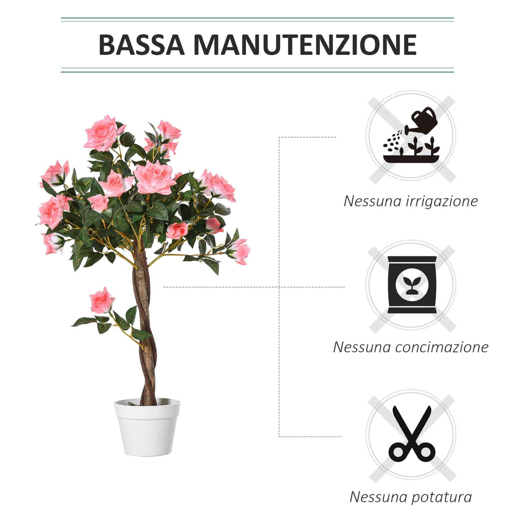 Outsunny 21-Flower Fake Rose Plant with Cement and Moss Filled Pot, Ø18x90 cm, Pink
